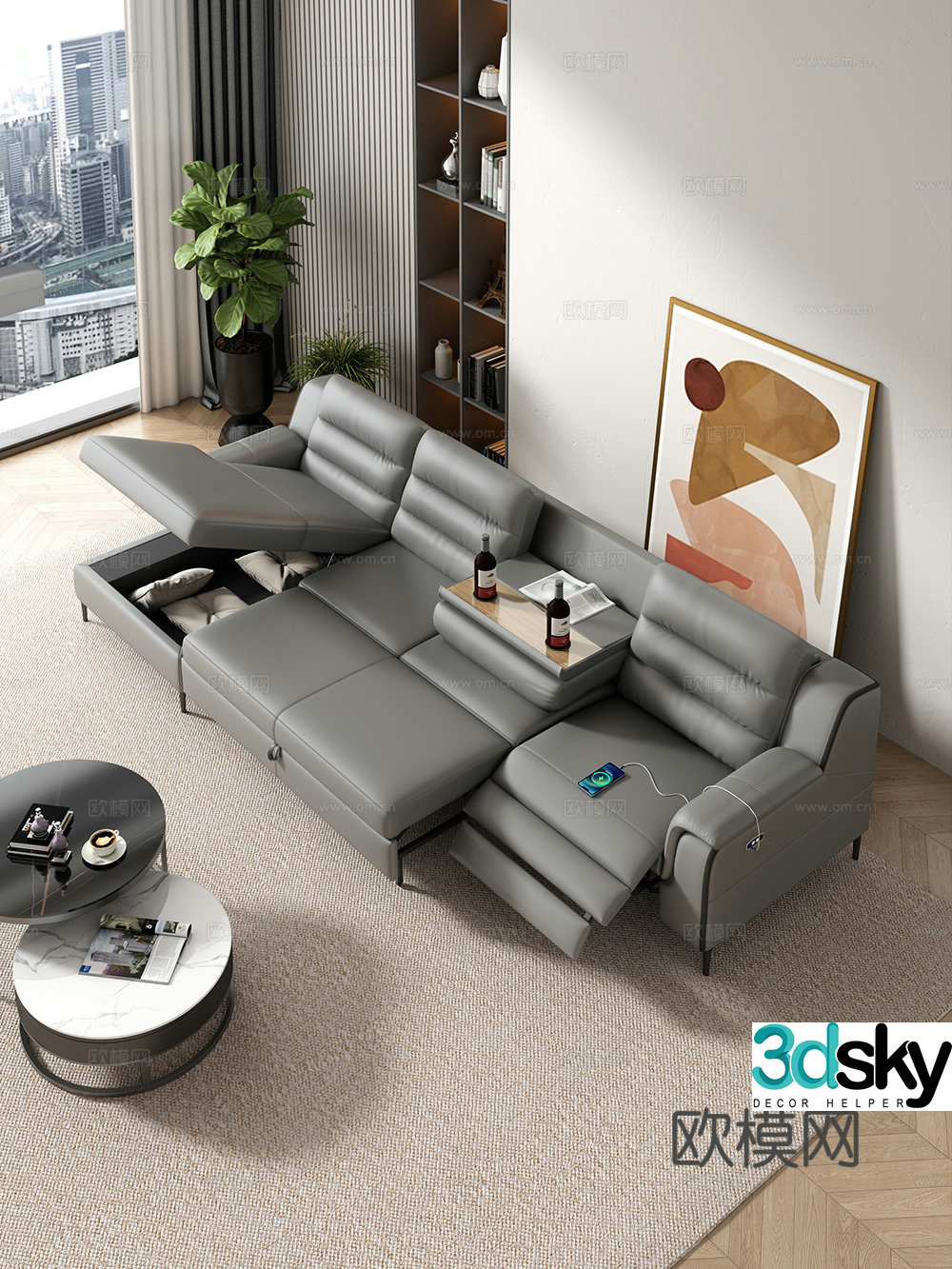 Modern simple home living room sofa and coffee table combination fabric sofa storage cabinet green plants ornaments 3D model