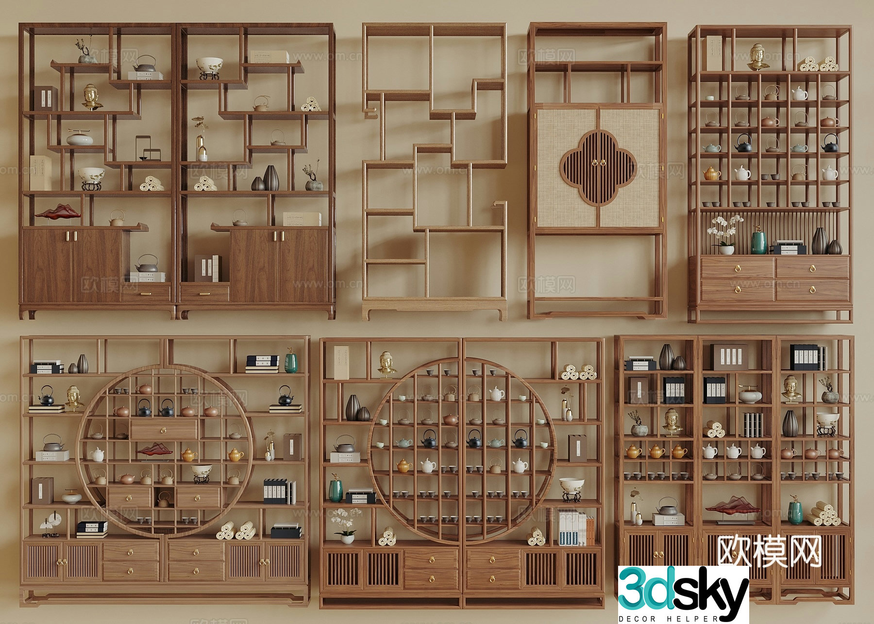 New Chinese style ancient shelf bookshelf tea set ornaments book 3d model