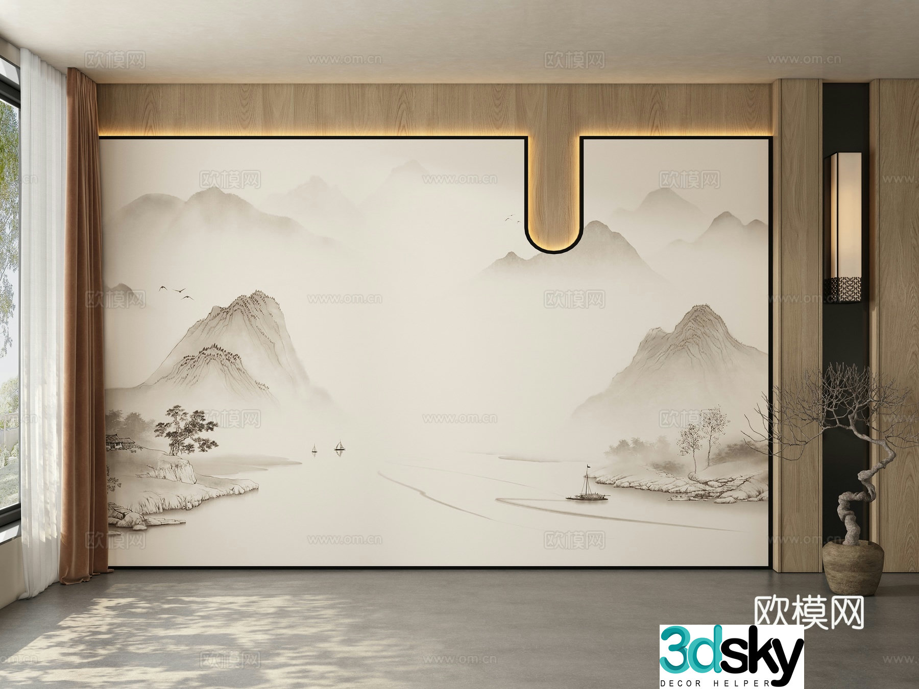 Middle style restaurant tea room living room background wall 3d model