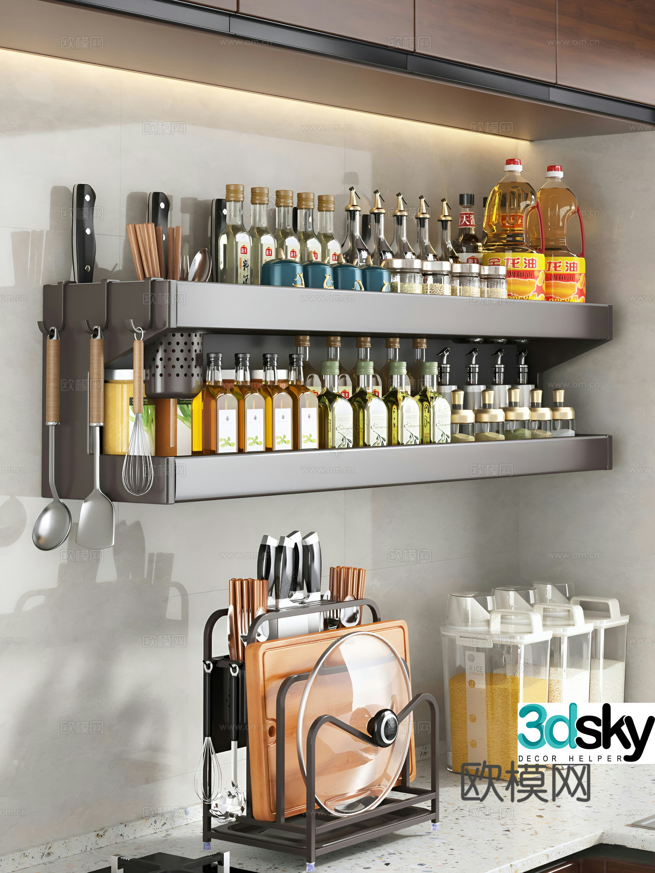 Kitchen supplies Cabinets Kitchen supplies Rice bucket Knife holder Oil seasonings Spoons and chopsticks 3d model