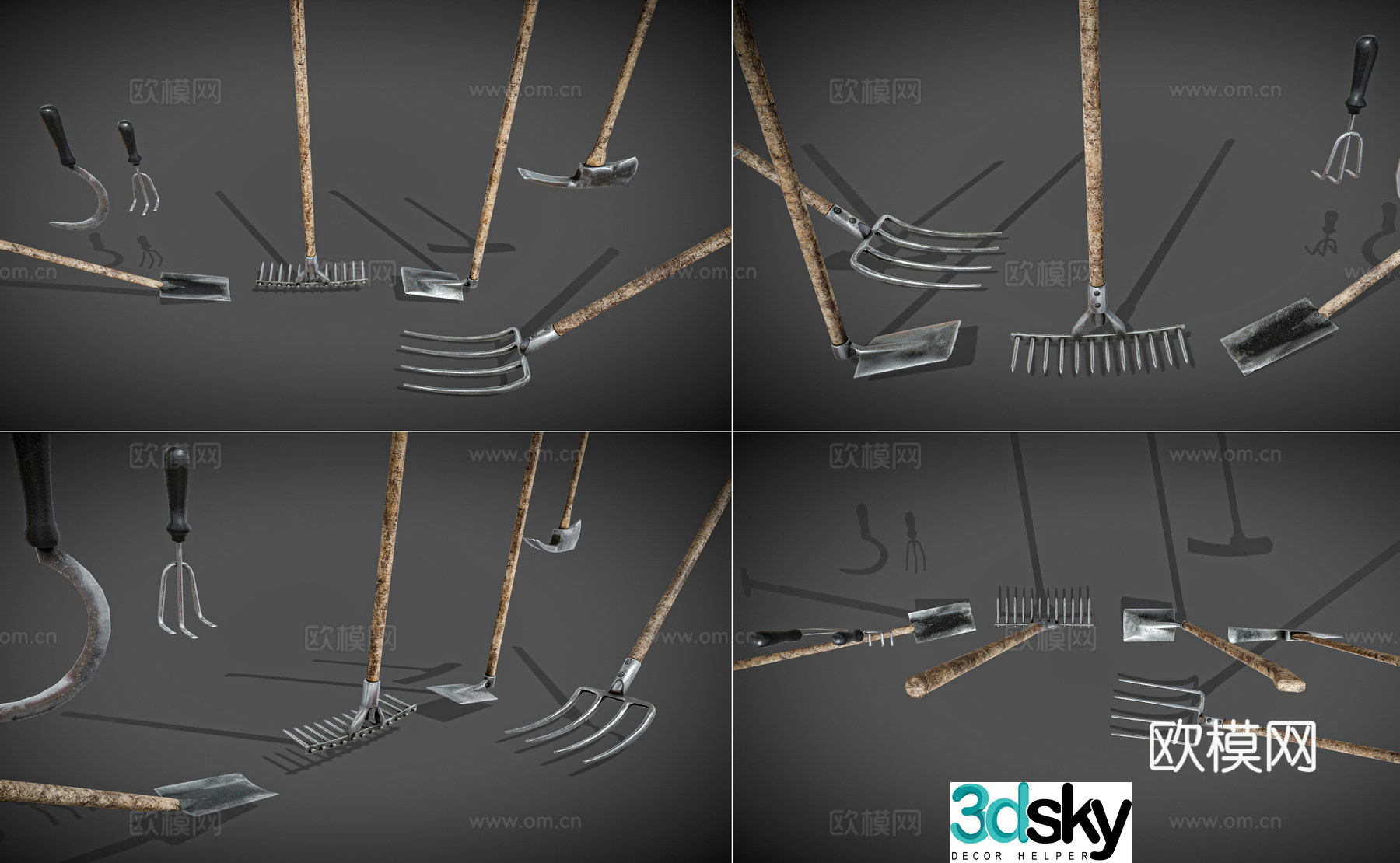 Retro agricultural equipment combination farming equipment sickle hoe farming tools rake shovel tools 3d model
