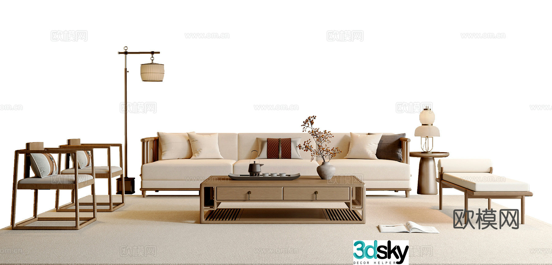 New Chinese Song style sofa coffee table combination leisure chair punzi floor lamp table lamp 3d model