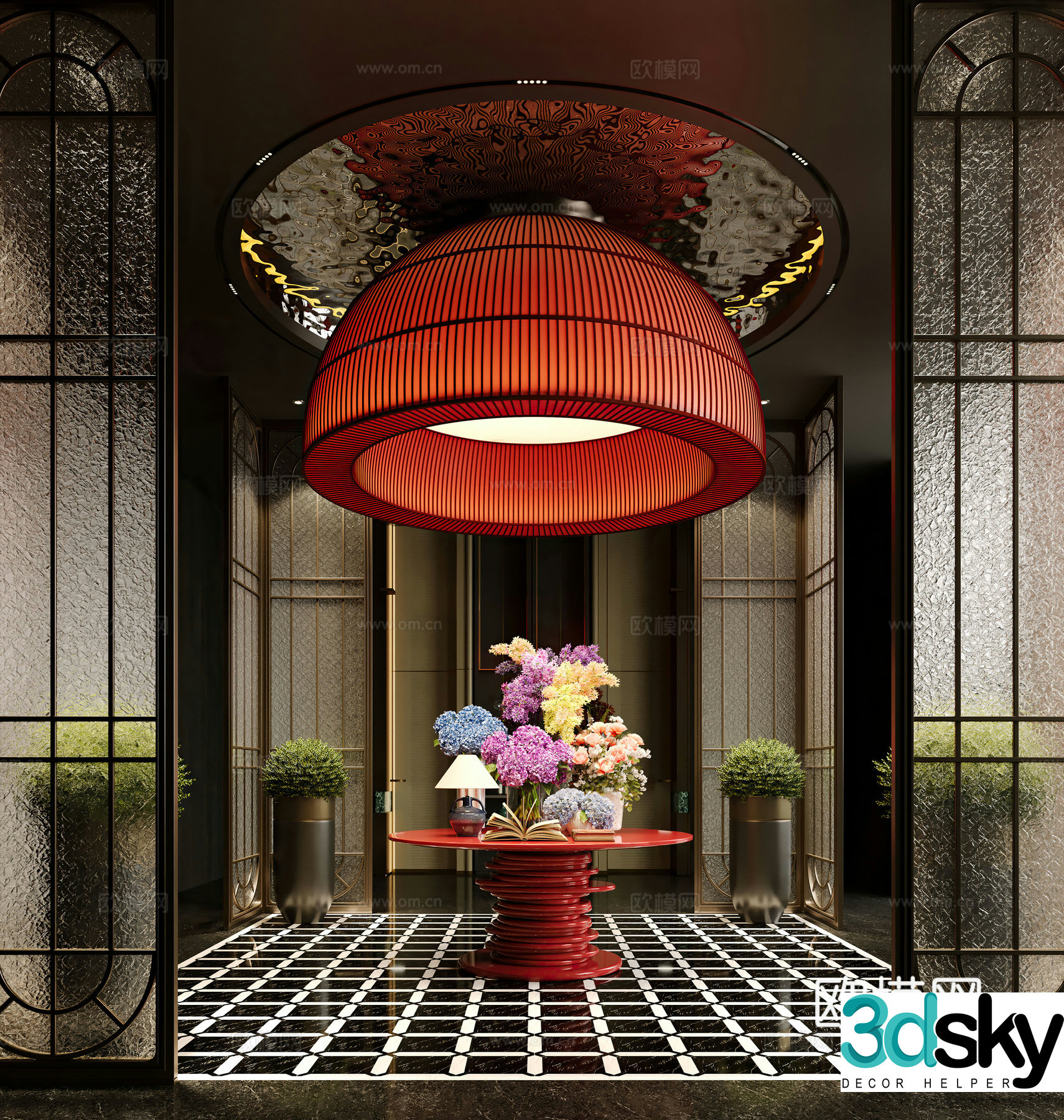 Modern hotel hall floral installation glass partition 3d model