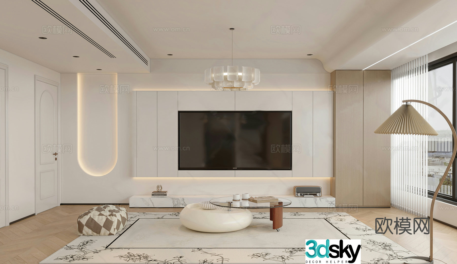 Creamy living room TV background wall TV cabinet modern living room simple chandelier modern guest 3d model