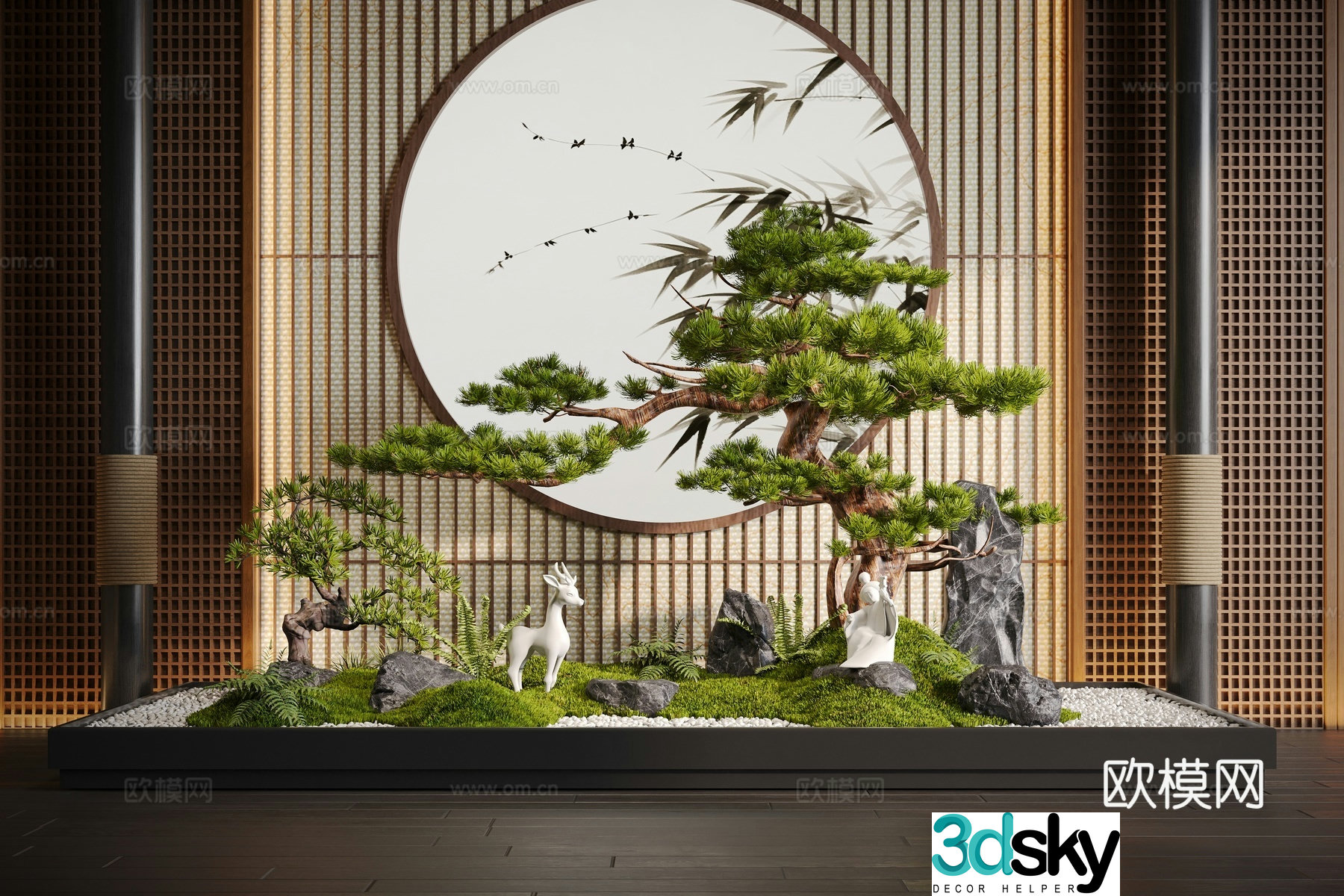 New Chinese style interior landscape plant landscaping pine moss landscape stone 3D model