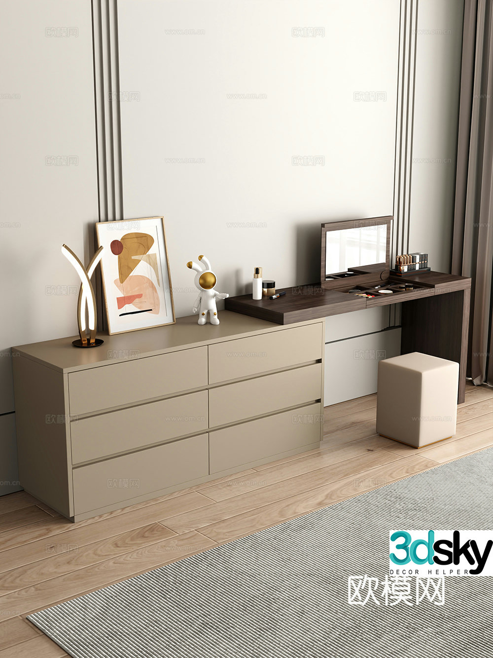 Modern style dressing table makeup stool combination dressing table makeup stool mirror decoration hanging painting 3D model