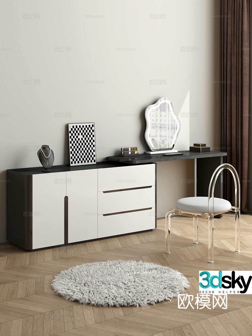 Modern style dressing table makeup stool combination dressing table makeup stool mirror decoration hanging painting 3D model