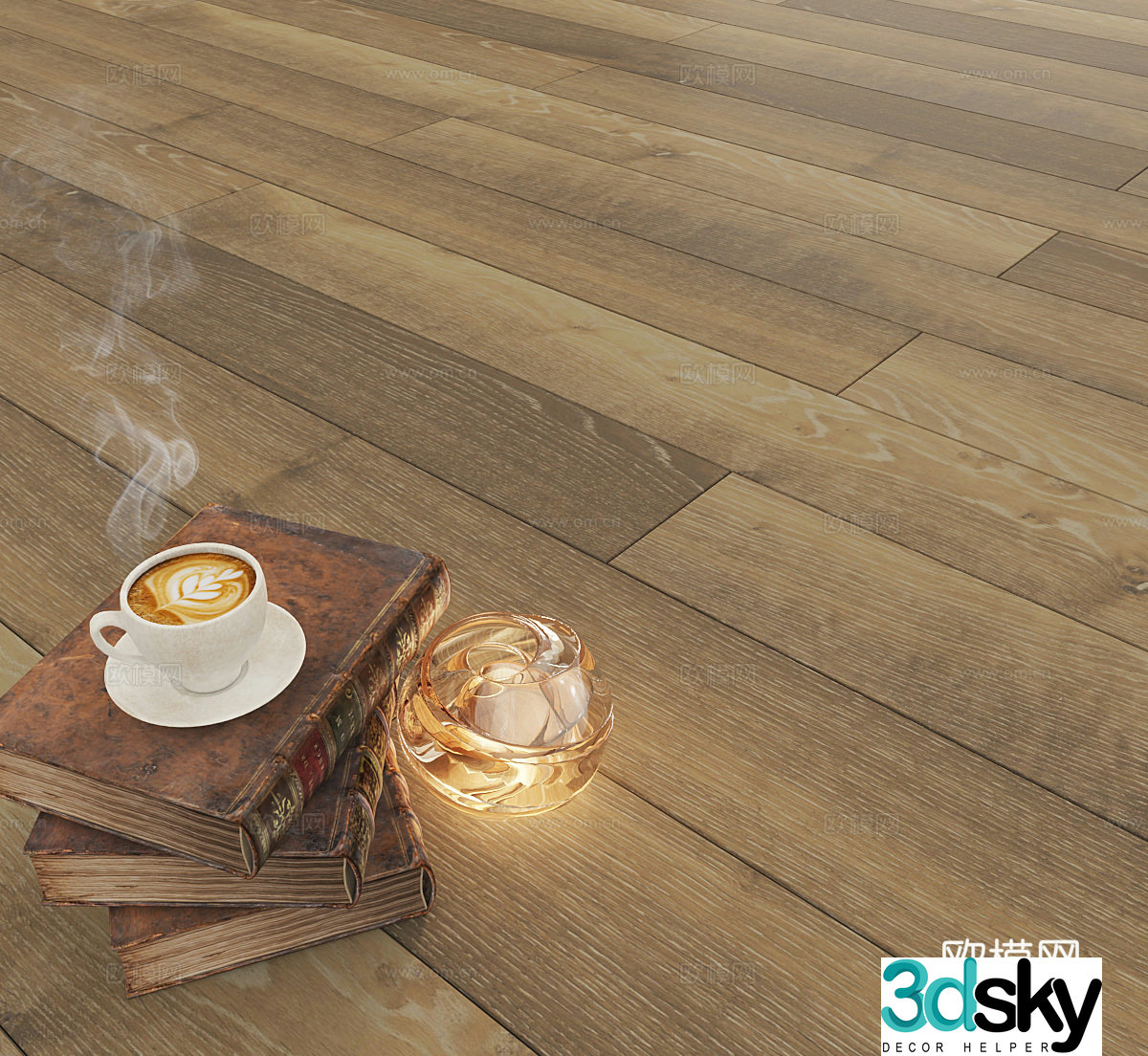 Middle-aged wood floor retro wood floor old wood floor ancient books coffee cup 3d model
