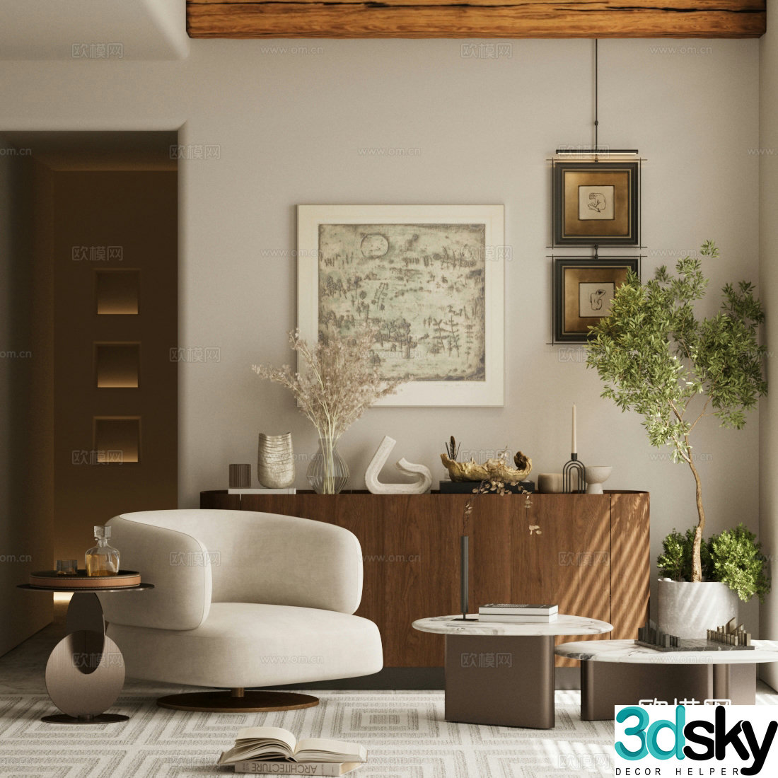 Middle-aged leisure chair chest of drawers hanging paintings 3D model