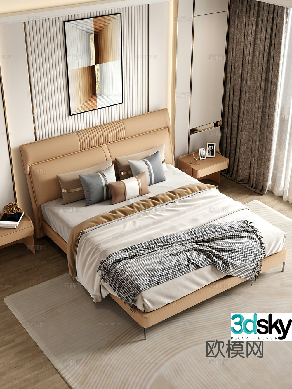 Bedroom and home double bed nightstand minimalist bed decoration hanging painting 3d model