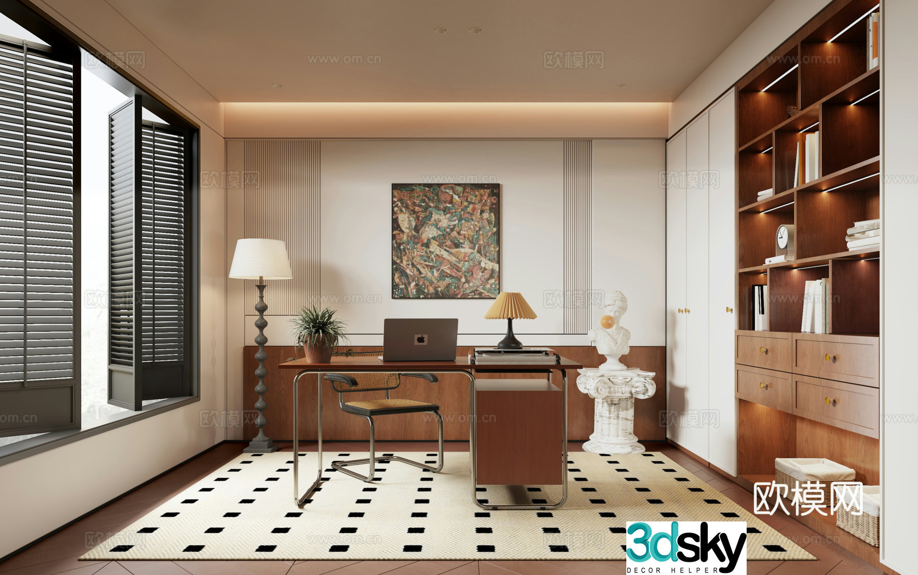 Modern medieval style study room wall-wide bookcase desk and chair decorative painting floor lamp sculpture 3d model