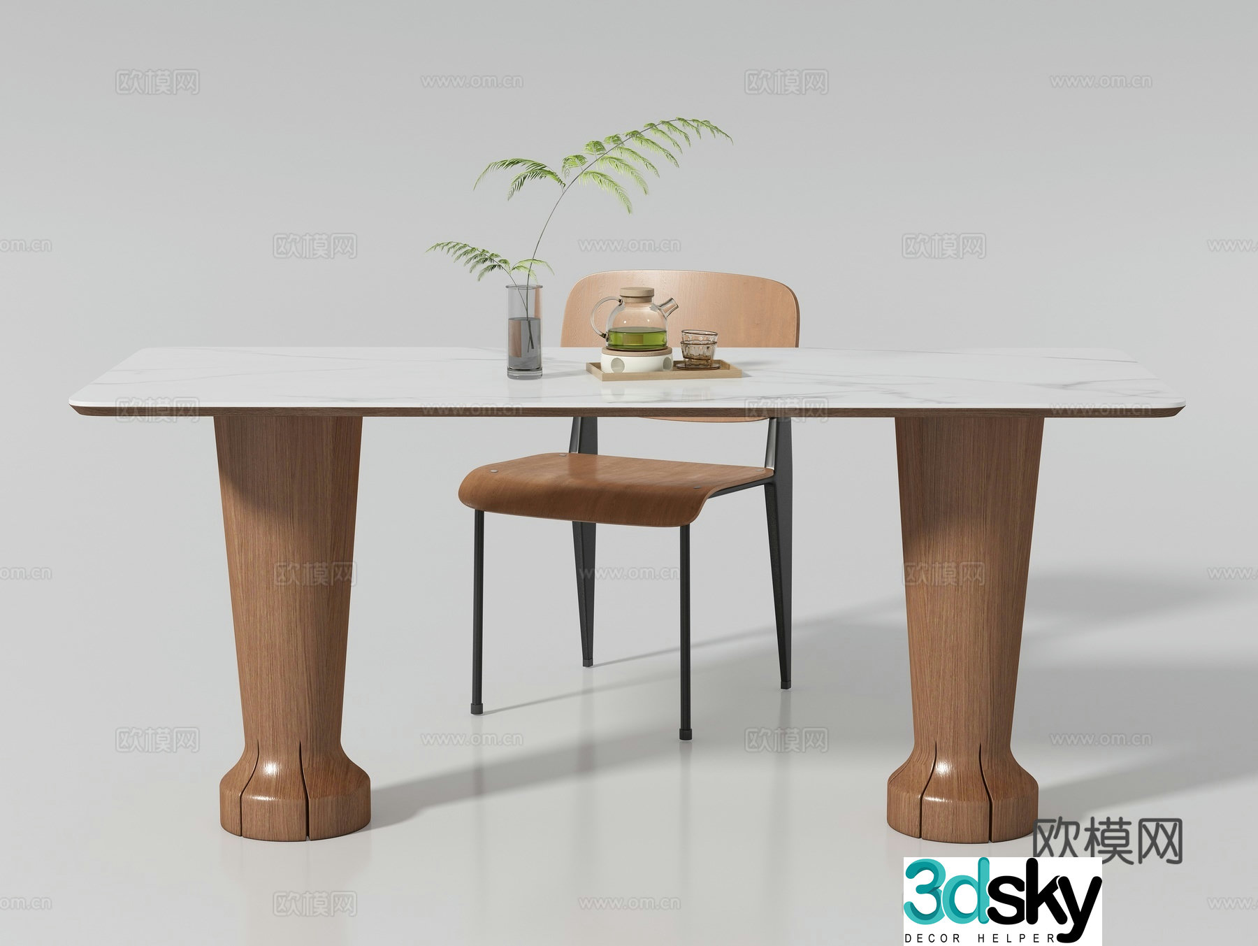 Modern medieval style long dining table and chair 3D model