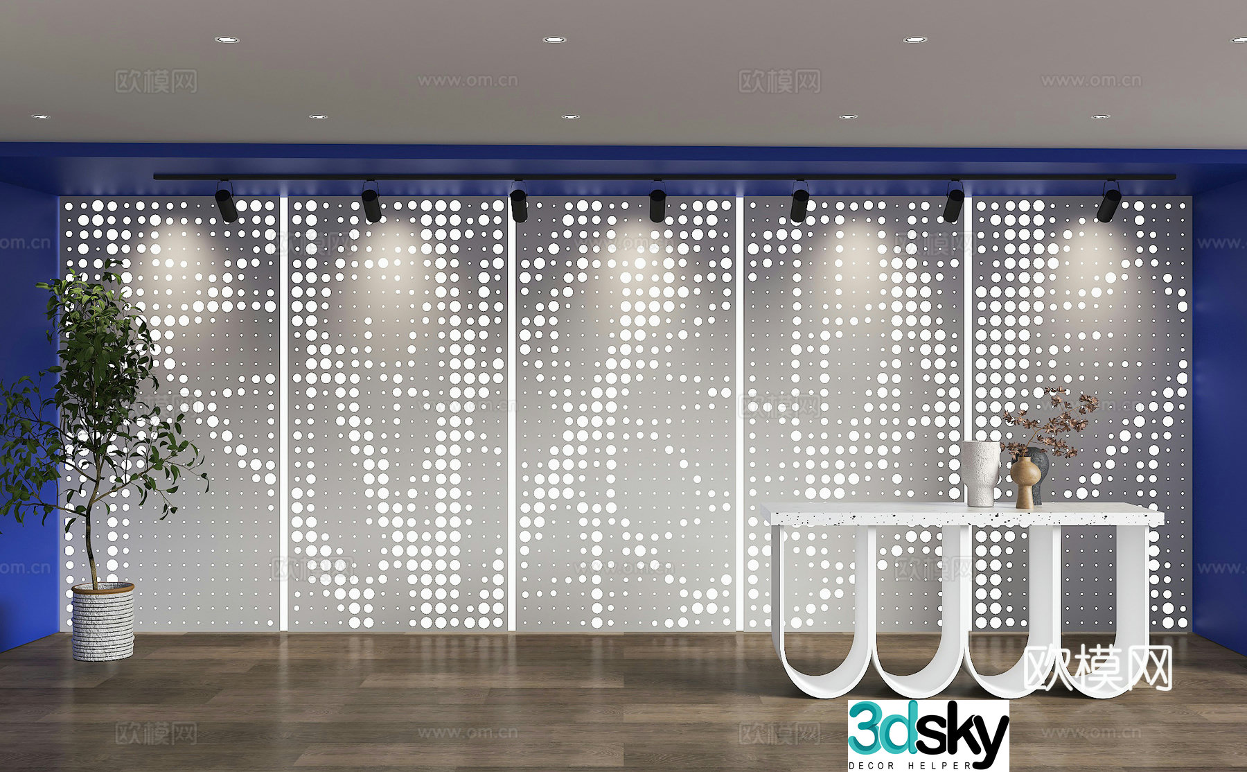 Modern punching background wall Creative background wall Front desk background wall Wood gradient hole plate Random gradient 3D model
