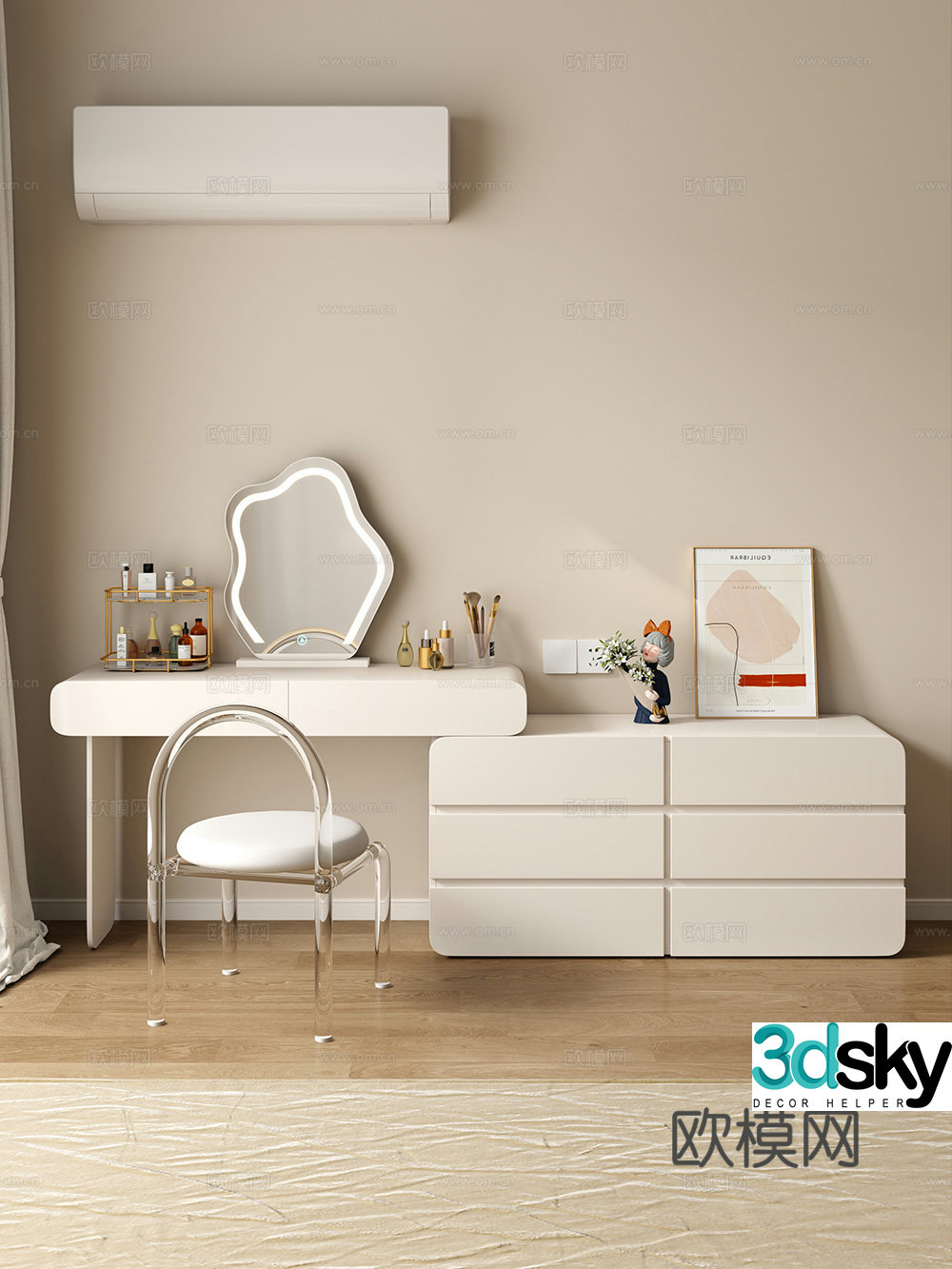 Cream style dressing table makeup stool combination dressing table makeup stool mirror decoration hanging painting 3D model