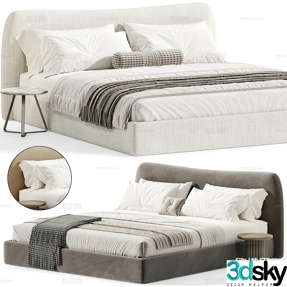 Fabric double bed platform bed B&B double bed bedding tofu block double bed bed pillow 3D model