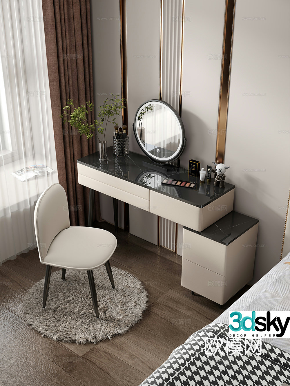 Modern style dressing table makeup stool combination dressing table makeup stool mirror decoration hanging painting 3D model