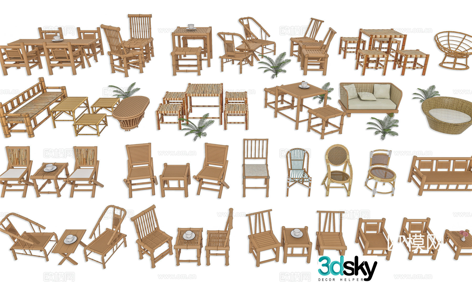 New Chinese style outdoor rattan bamboo table and chairs outdoor rattan coffee table and chairs outdoor rattan bamboo table and chairs bamboo table and chairs 3D model