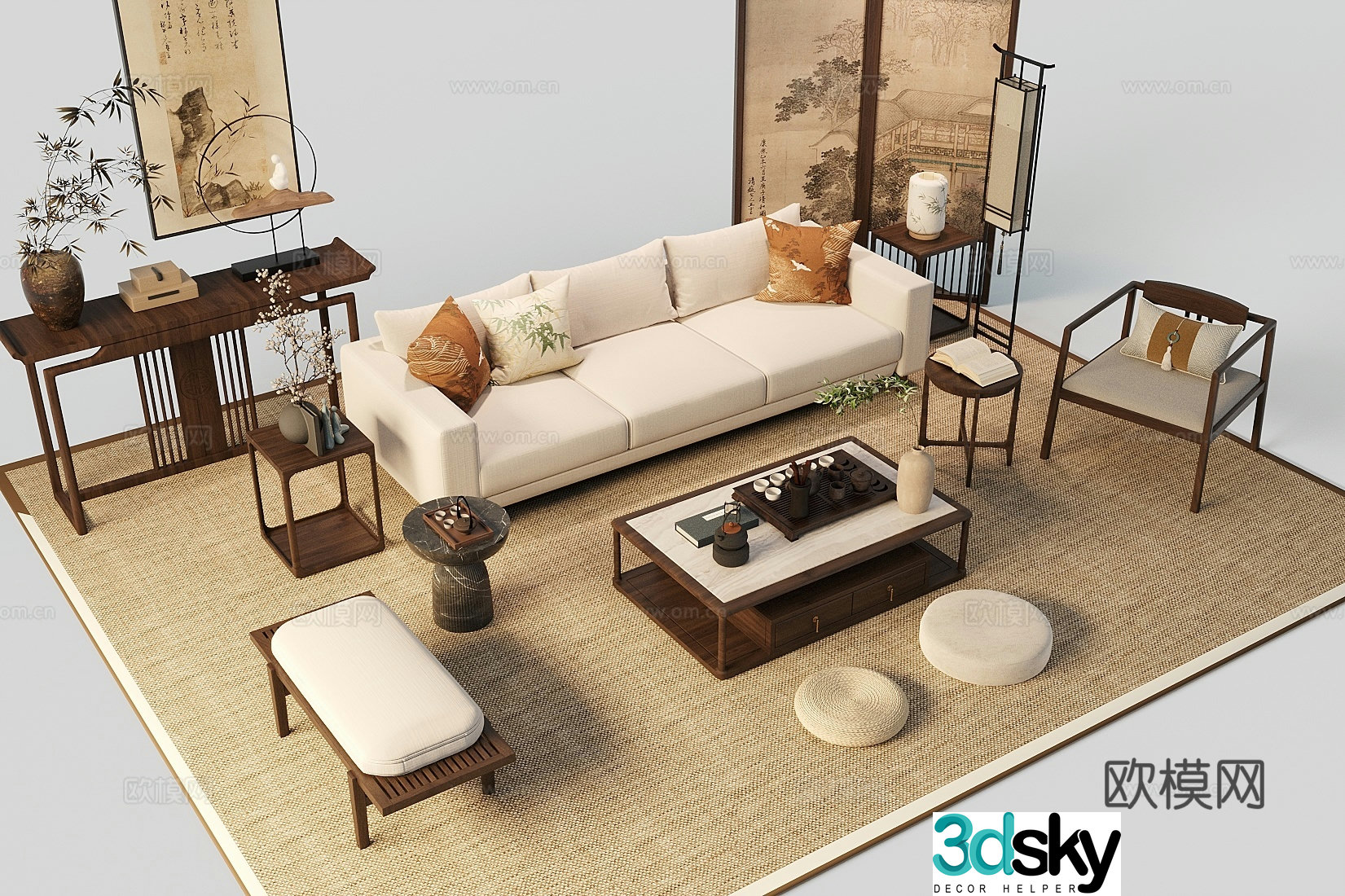 New Chinese Zen sofa combination solid wood sofa living room sofa Song style aesthetic sofa coffee table combination 3D model