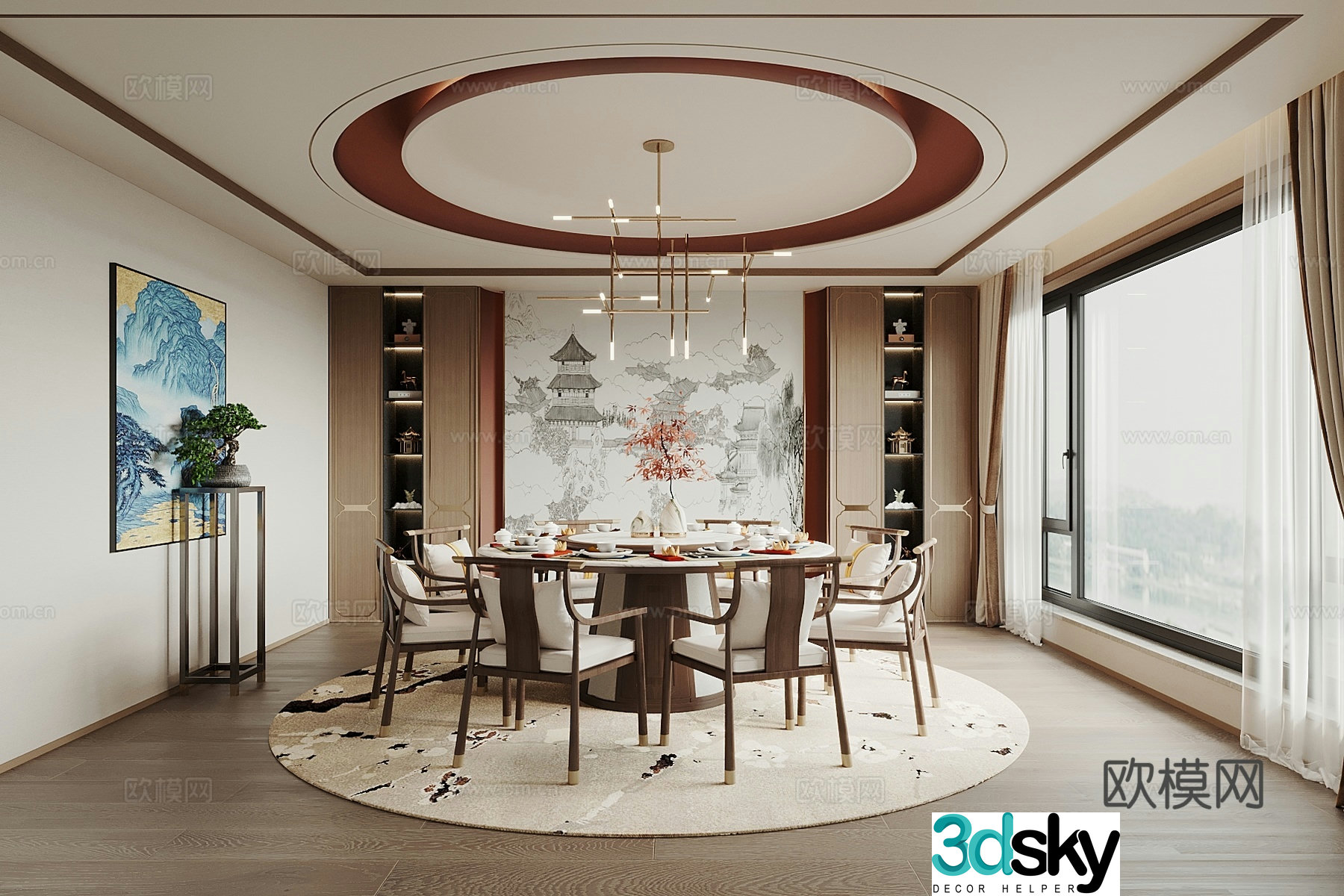 New Chinese restaurant private room private room background wall round dining table and chair hotel private room background wall 3d model