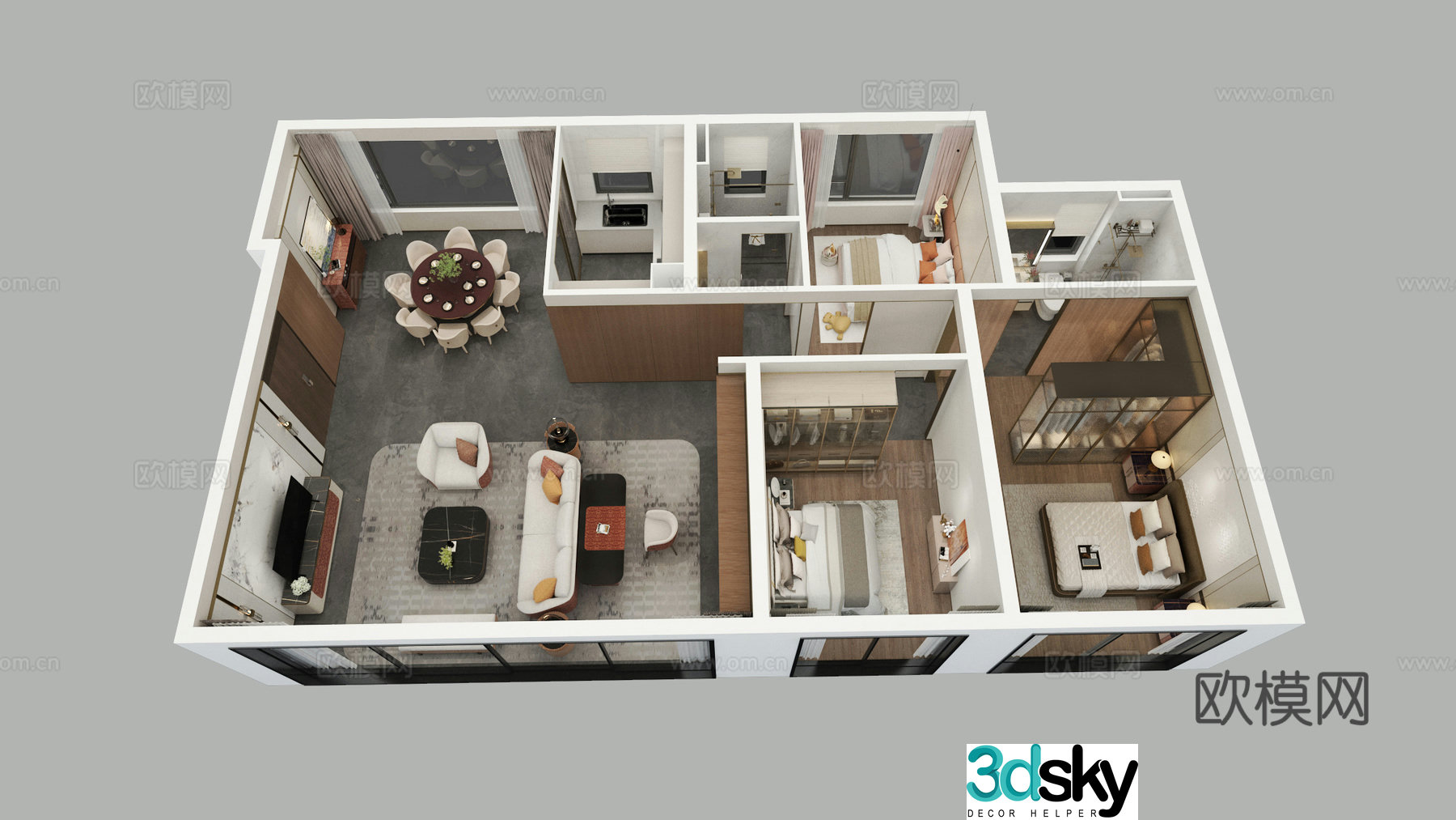 Aerial view of modern home decoration model room 3d model
