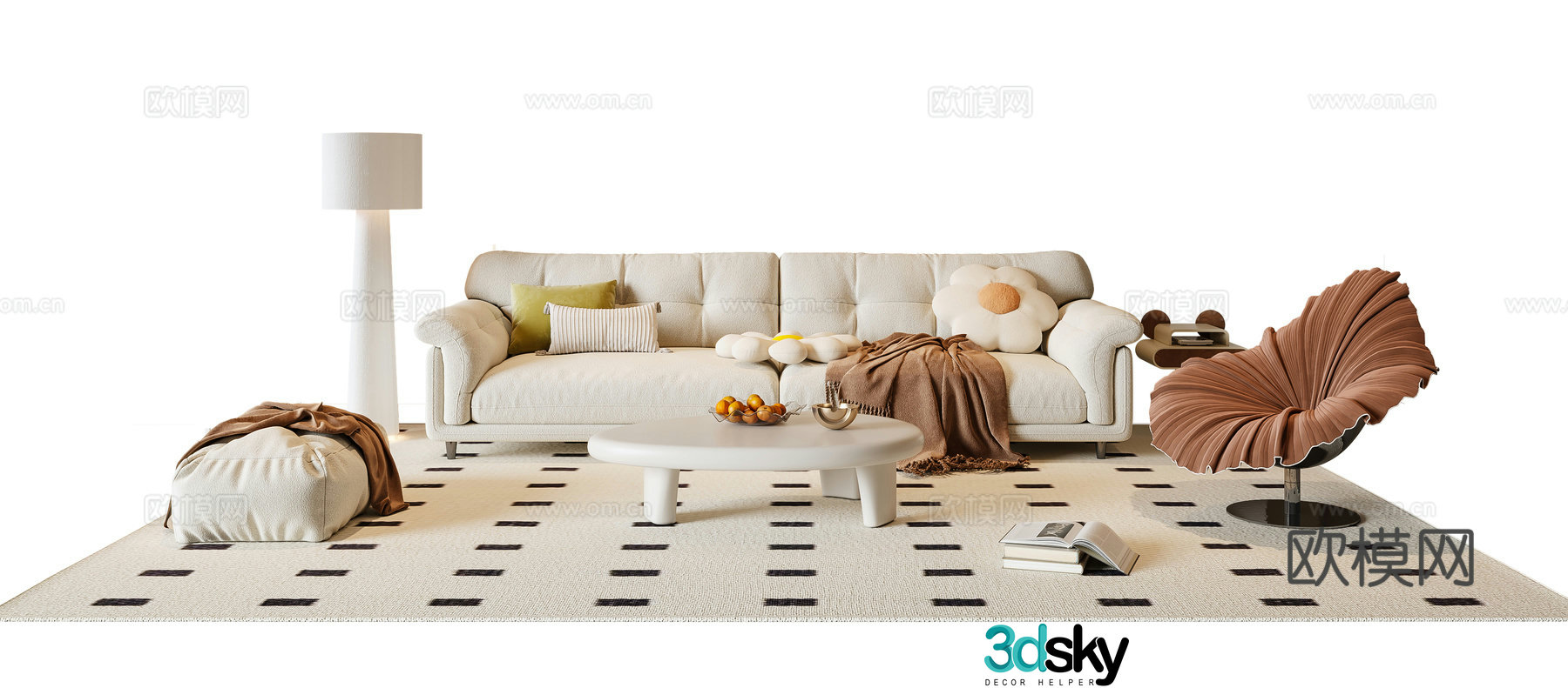 Modern cream style sofa coffee table combination fabric sofa multi-person sofa casual sofa floor lamp 3d model