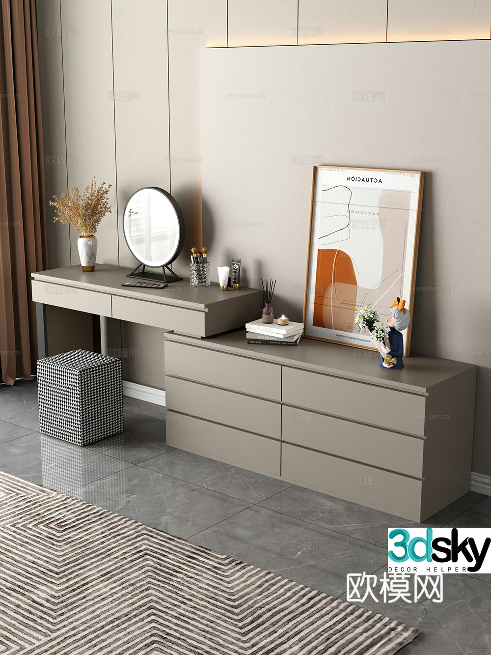 Modern dressing table makeup stool combination dressing table makeup stool mirror decoration hanging painting 3d model