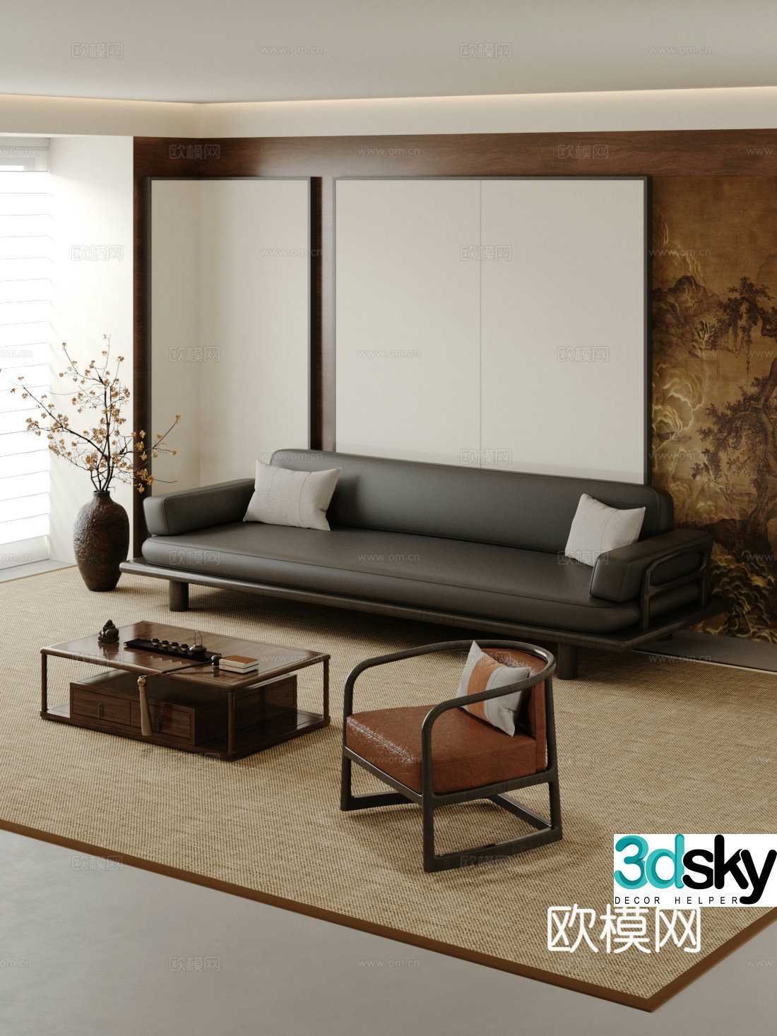 Medium style sofa coffee table combination multi-person sofa three-person sofa leather leisure chair single chair 3D model