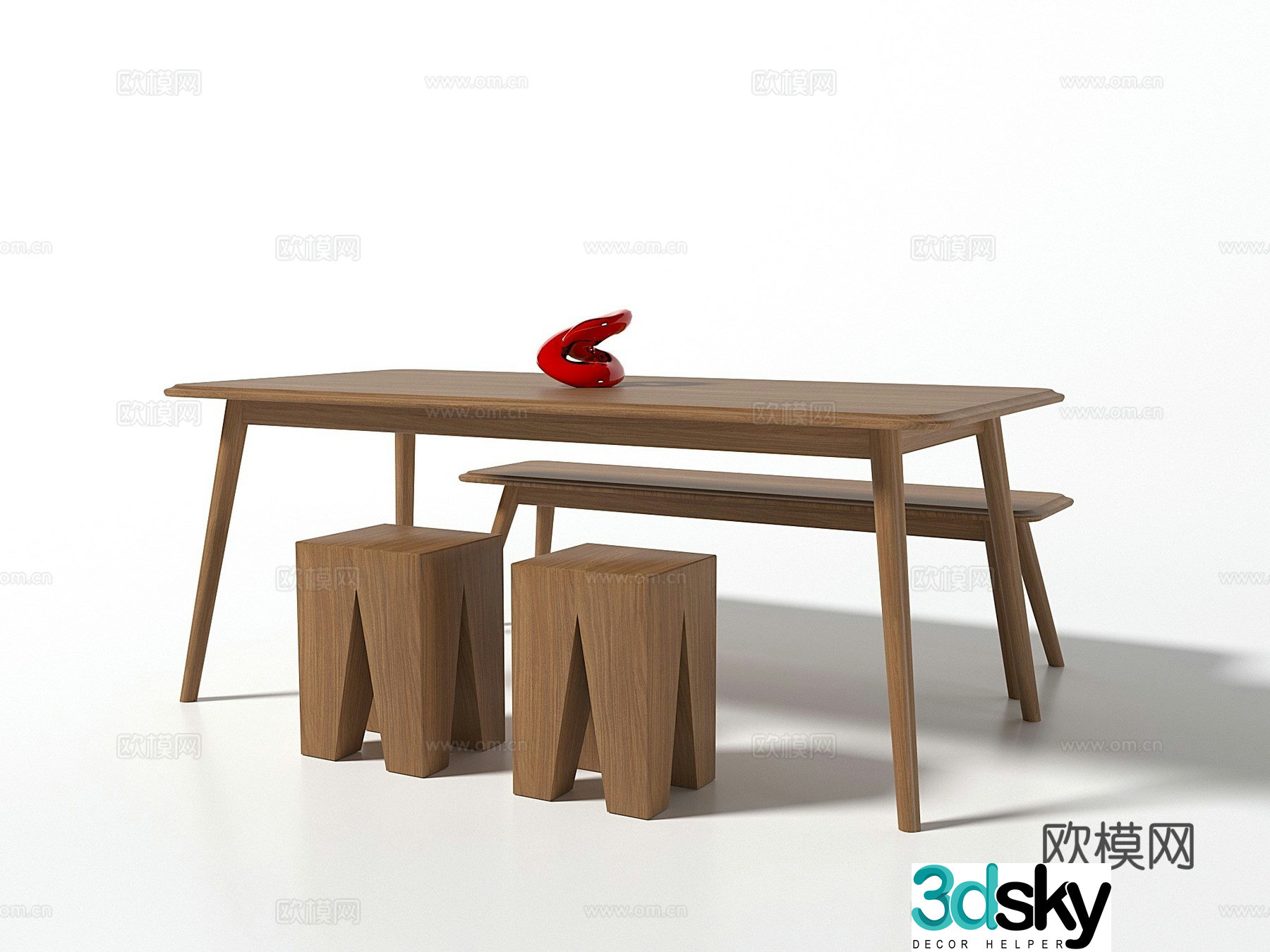 Modern solid wood dining table and stool 3D model