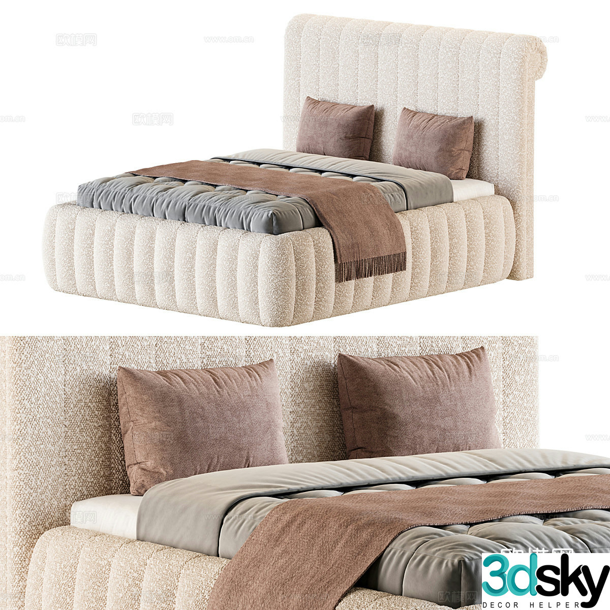 Modern Cream Style Casa Padrino Fabric Double Bed 3D Model