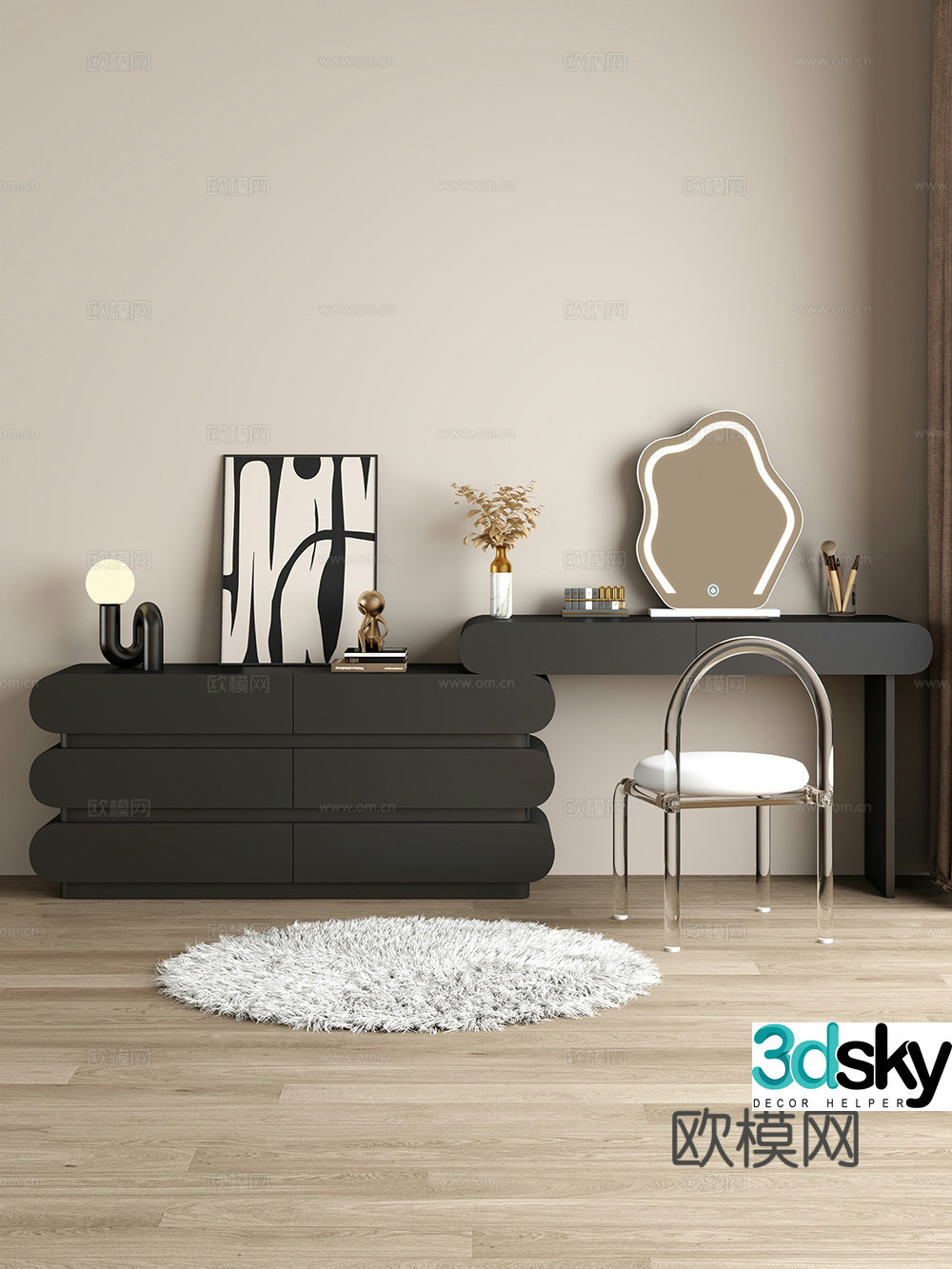 Cream style dressing table makeup stool combination dressing table makeup stool mirror decoration hanging painting 3D model