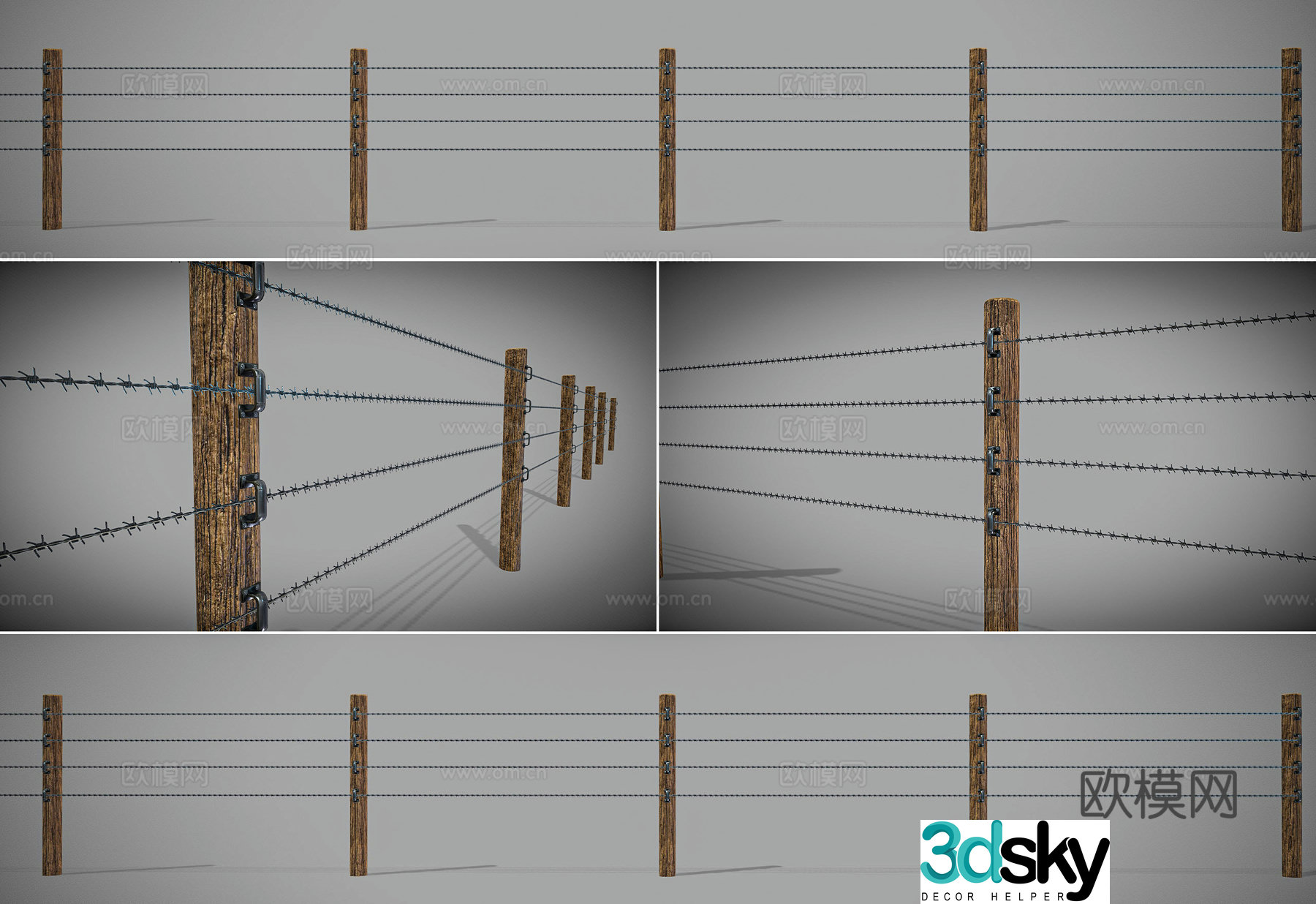 Modern ranch fence wooden barbed wire outdoor animal fence guardrail barbed wire wood breeding 3d model