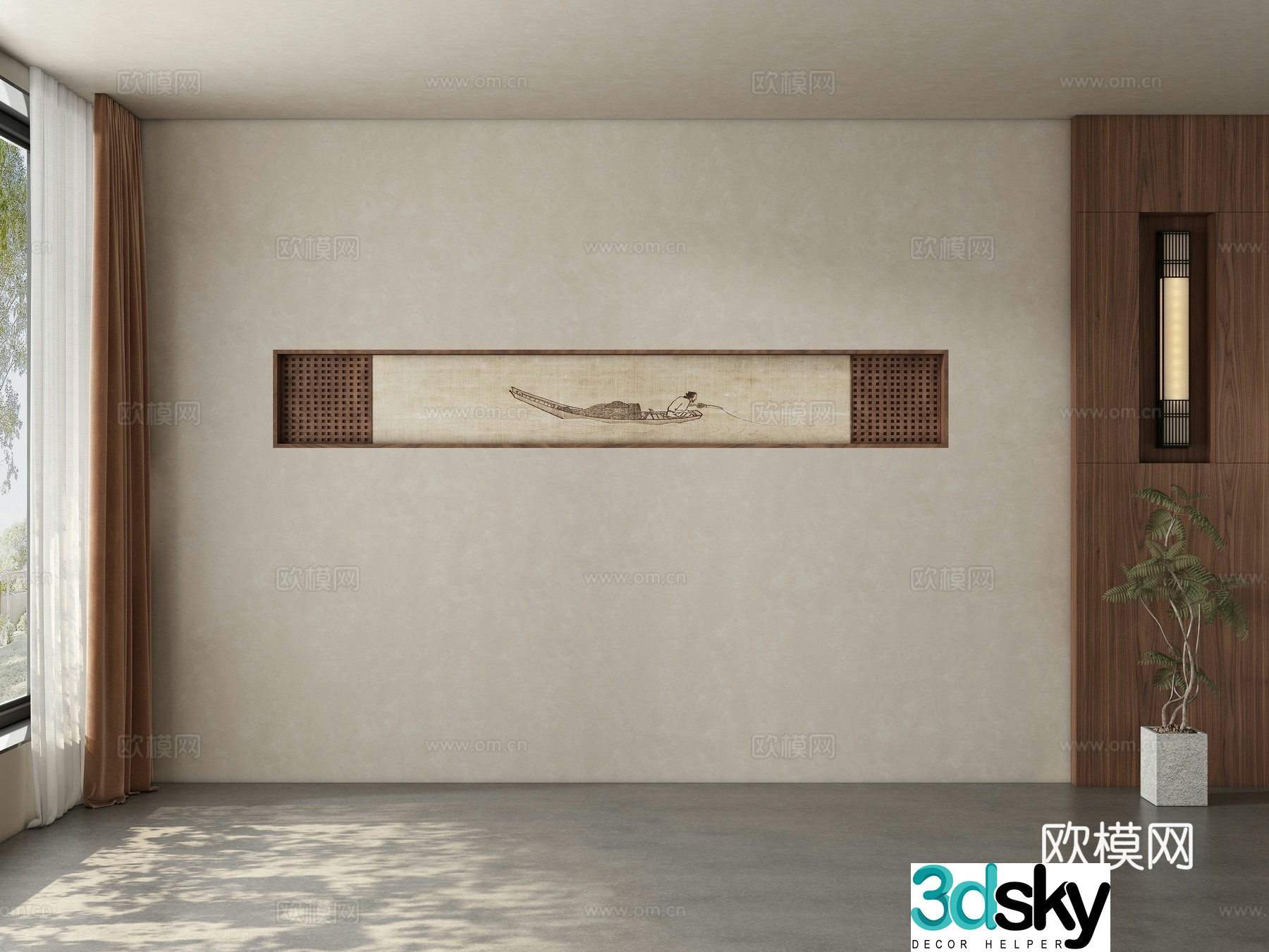 Middle style restaurant tea room living room background wall 3d model