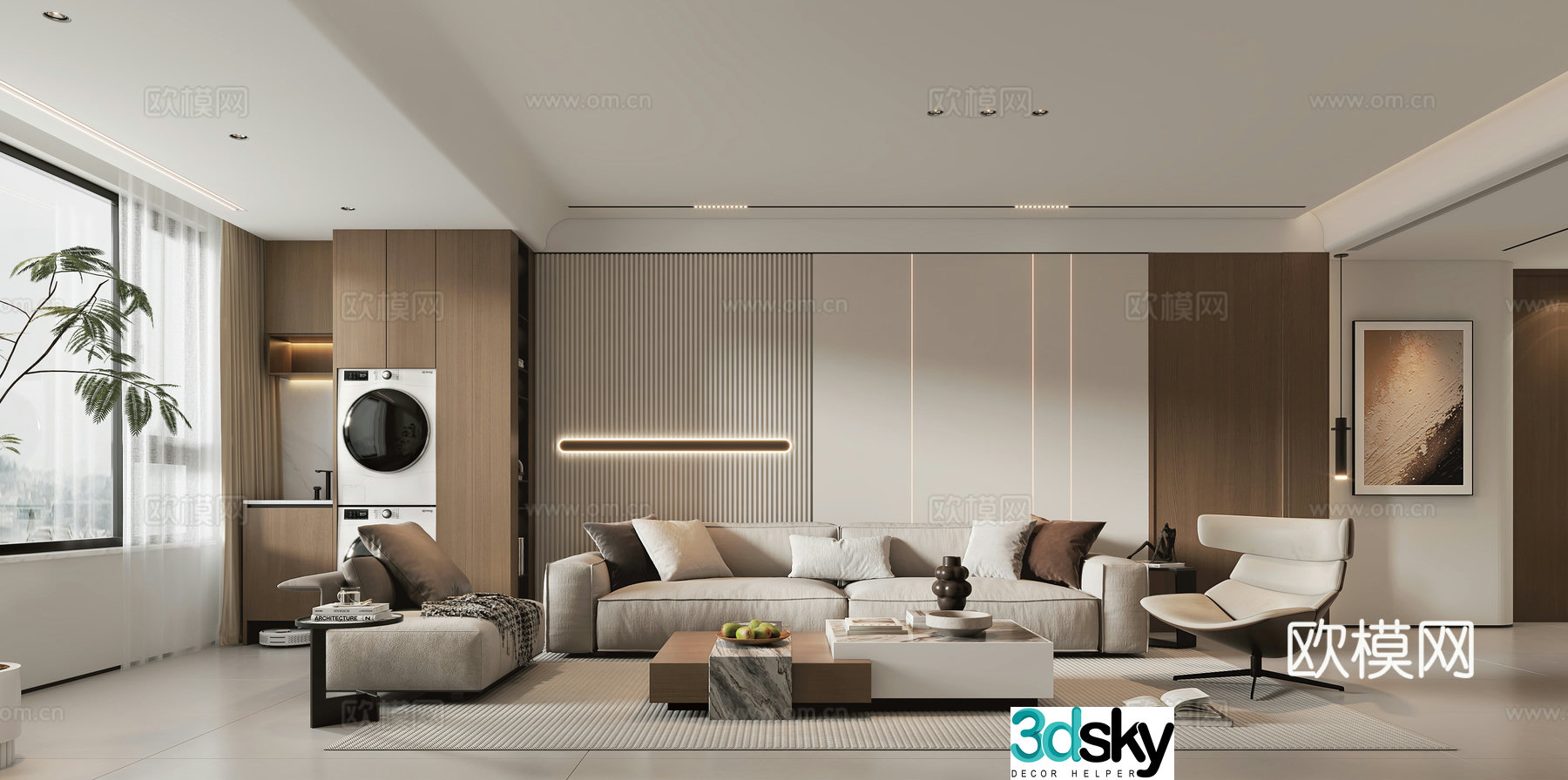 Modern living and dining room 3d model