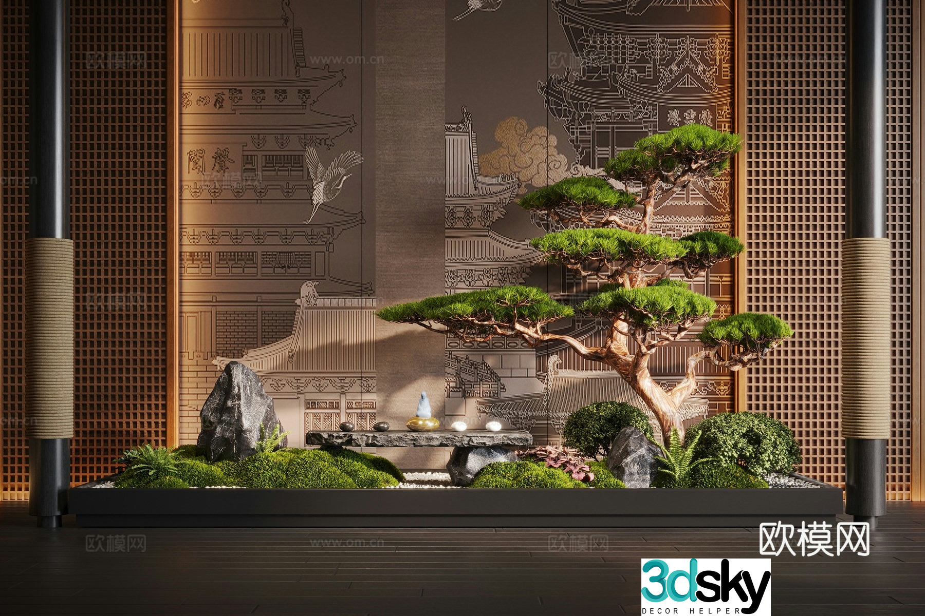 New Chinese style interior landscape plant landscaping pine moss landscape stone 3D model