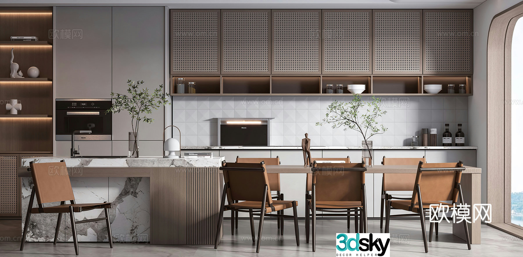 Modern restaurant island bar social hall open kitchen western kitchen integrated stove 3D model
