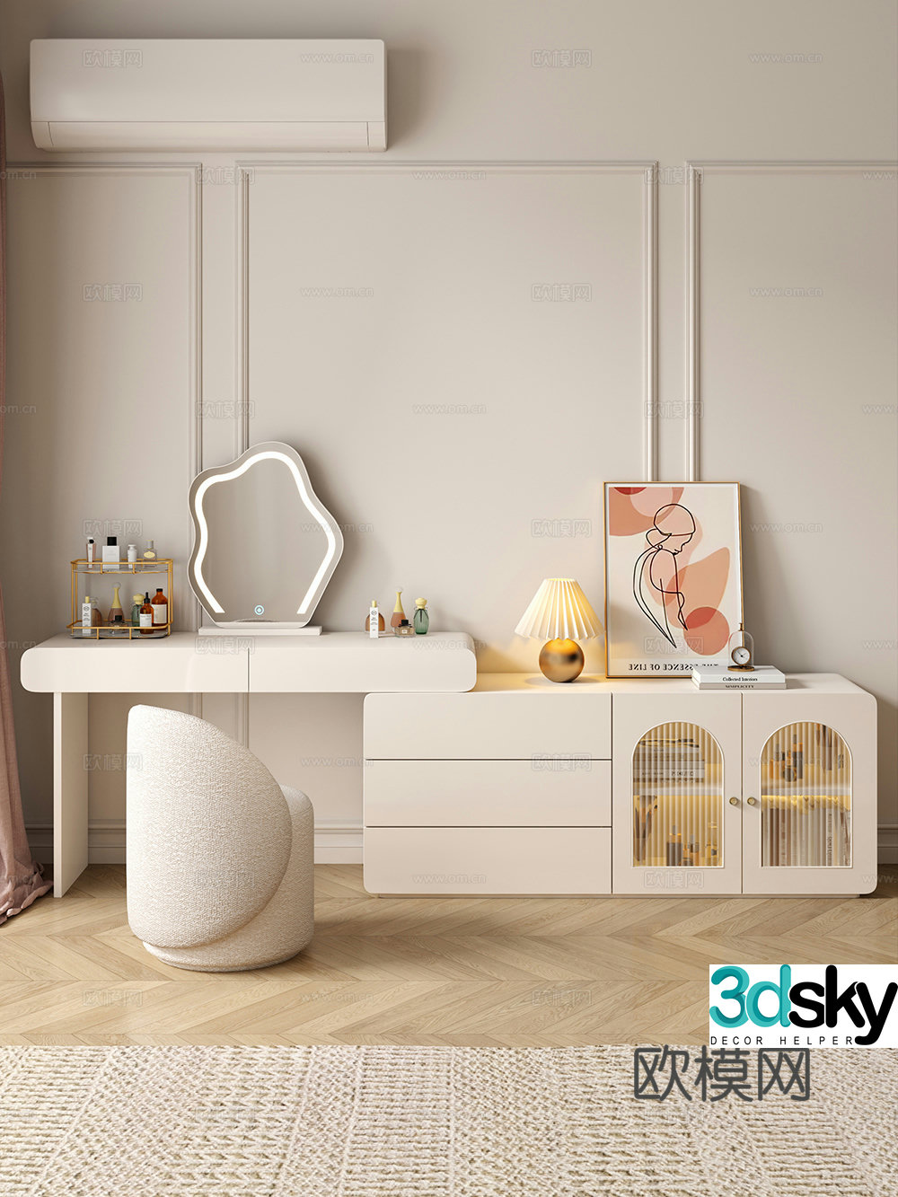 Cream style dressing table makeup stool combination dressing table makeup stool mirror decoration hanging painting 3D model