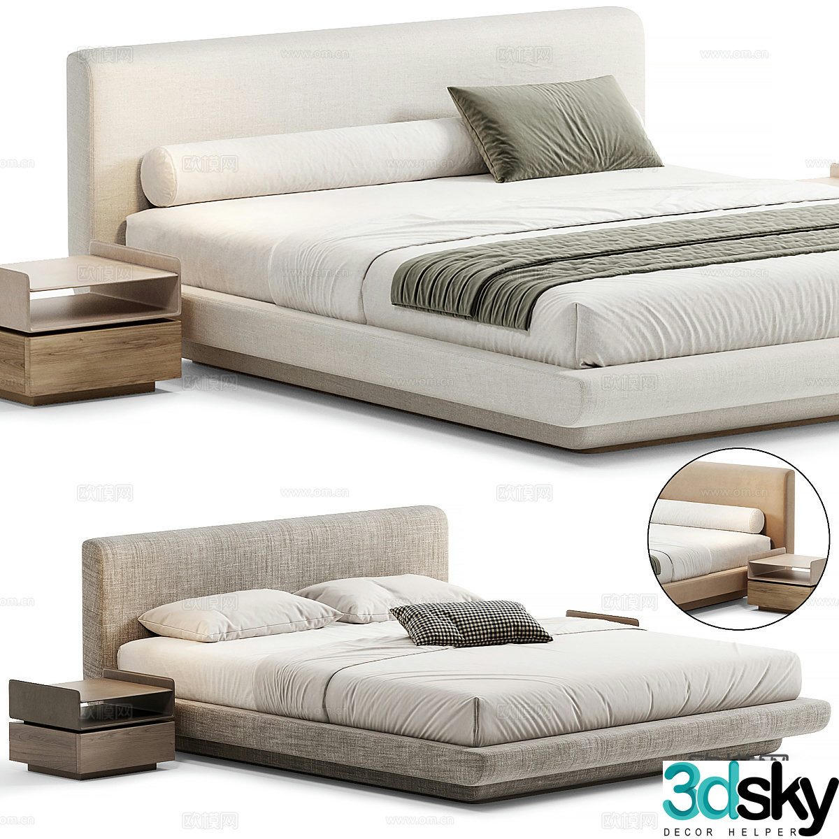 Fabric double bed platform bed B&B double bed bedding tofu block double bed bed pillow 3D model