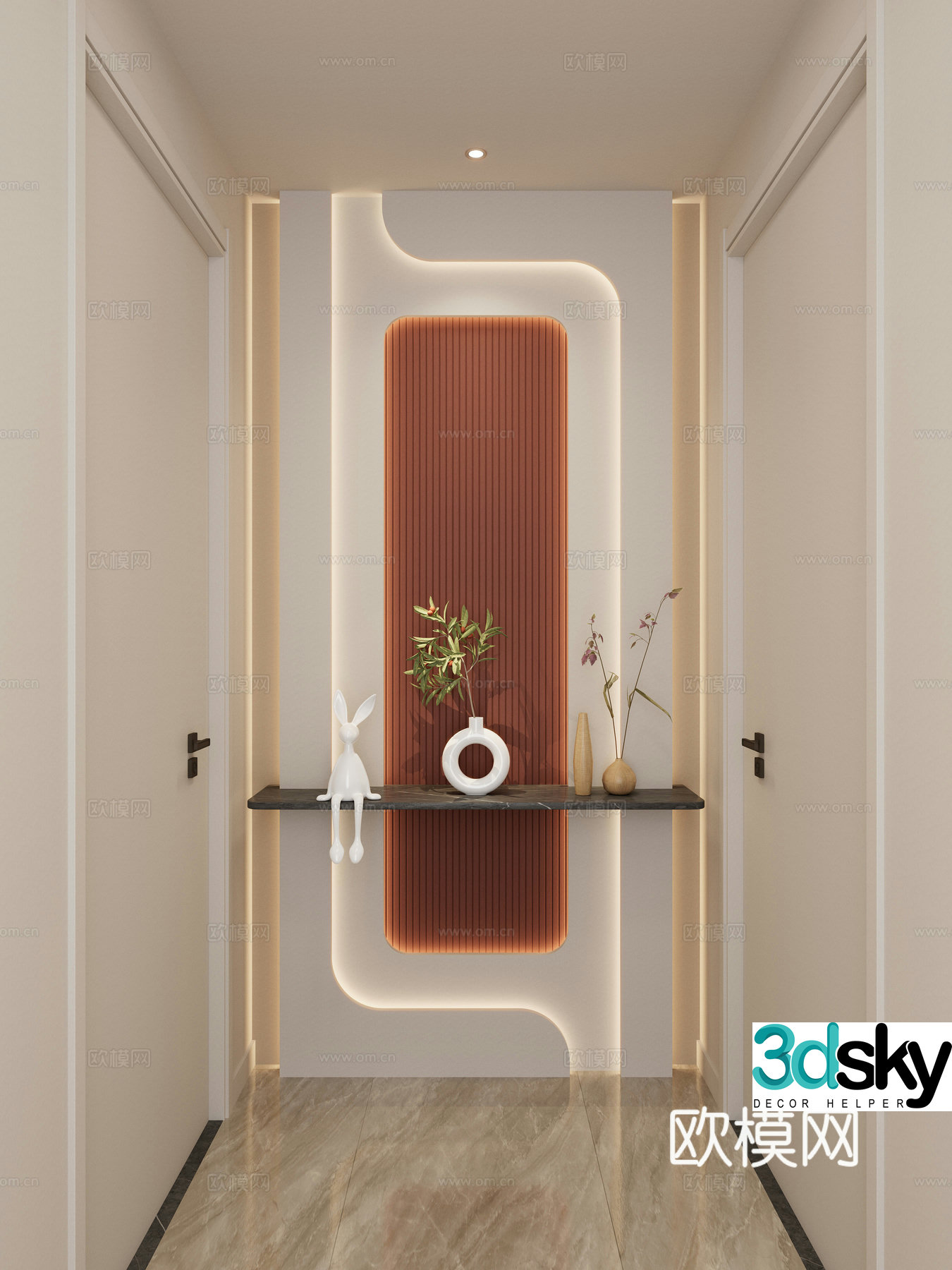 Simple creamy style curved shape Hermes orange marble corridor end view 3D model