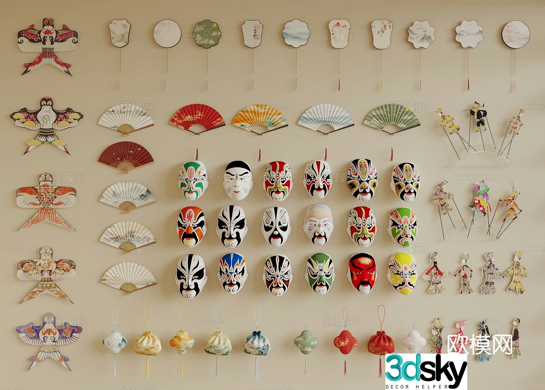 New Chinese style pendants folk cultural wall decoration pendants kite face fan sachet 3d model