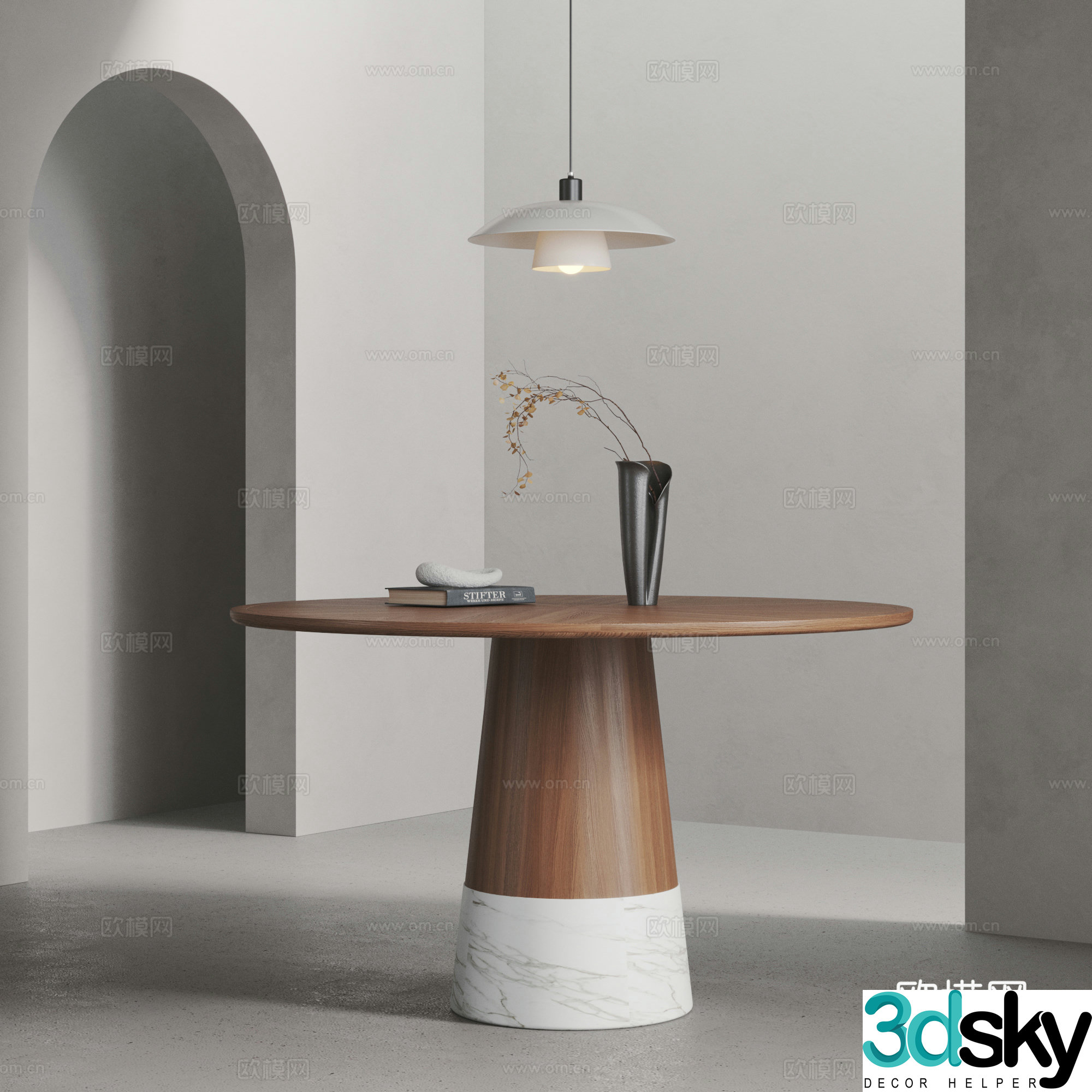Middle style dining table round dining table solid wood dining table walnut dining table calacata marble 3d model