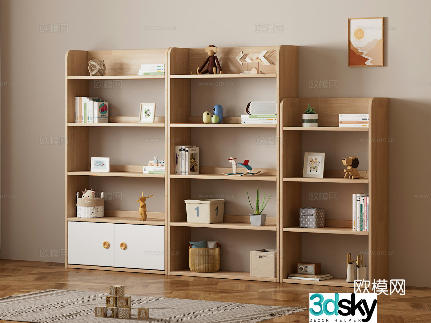 Modern solid wood bookcase bookshelf Cream style storage shelf Nordic solid wood bookcase decoration ornament 3D model