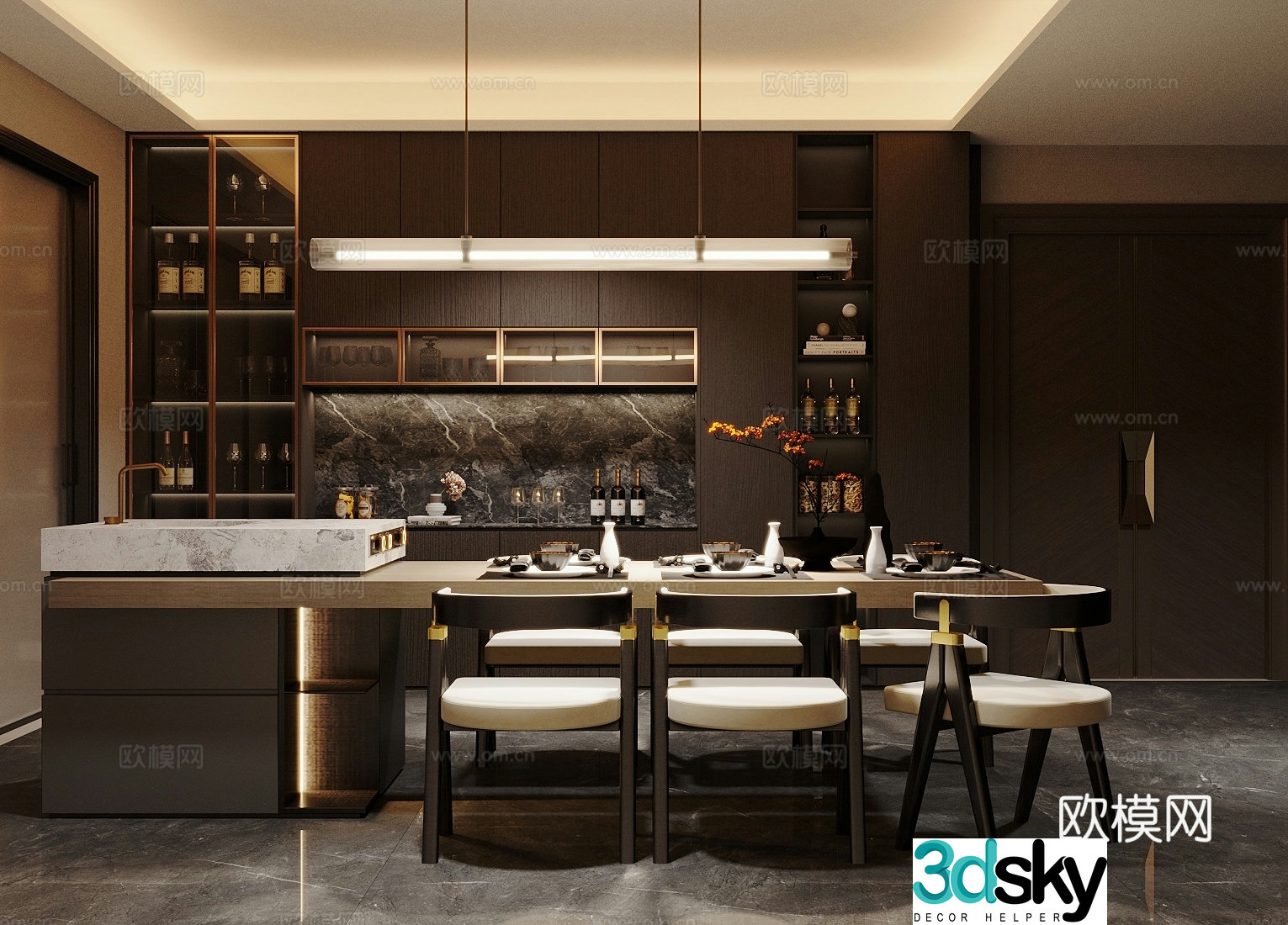 Modern light luxury home restaurant Island restaurant Dining table and chair combination Sideboard 3D model