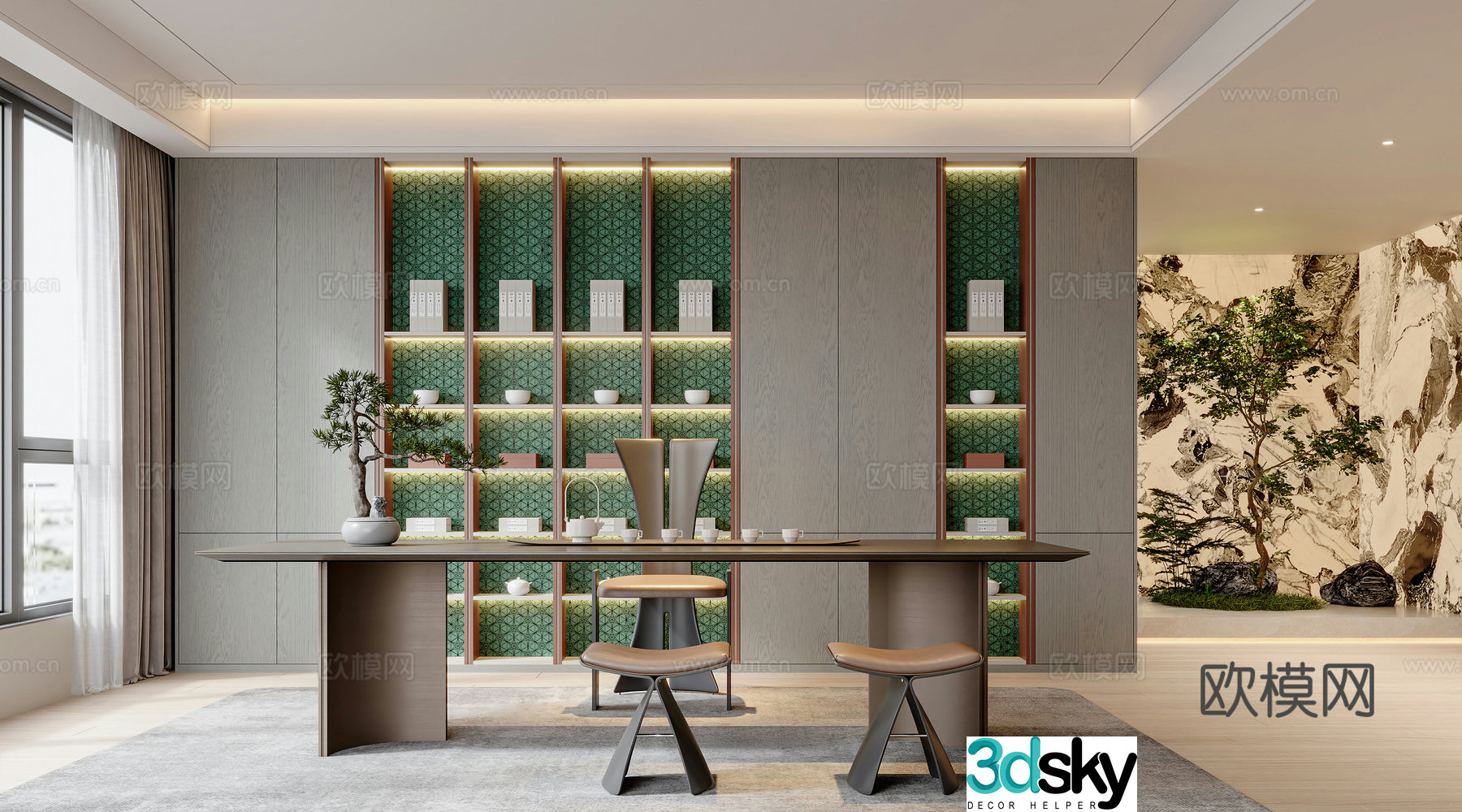 New Chinese-style tea room tea table and chair combination 3D model