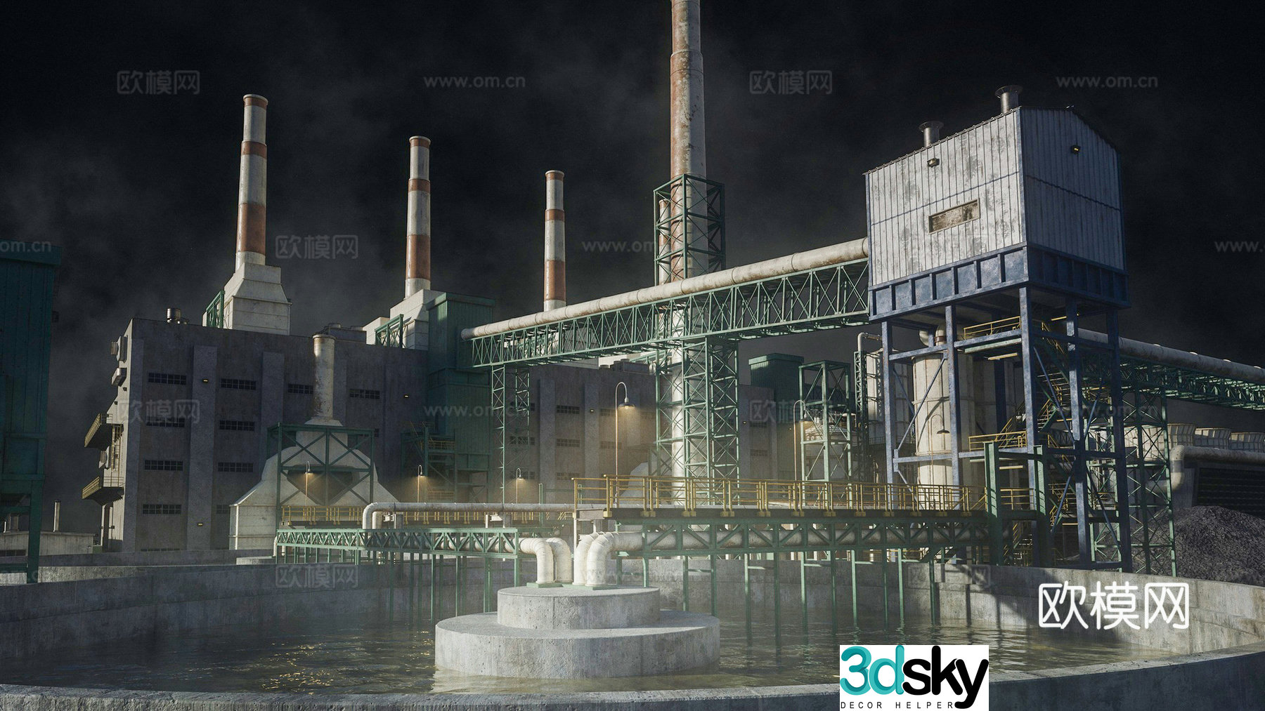 Modern smelting factory factory sewage chimney industrial zone factory building industrial building combination smelting 3D model