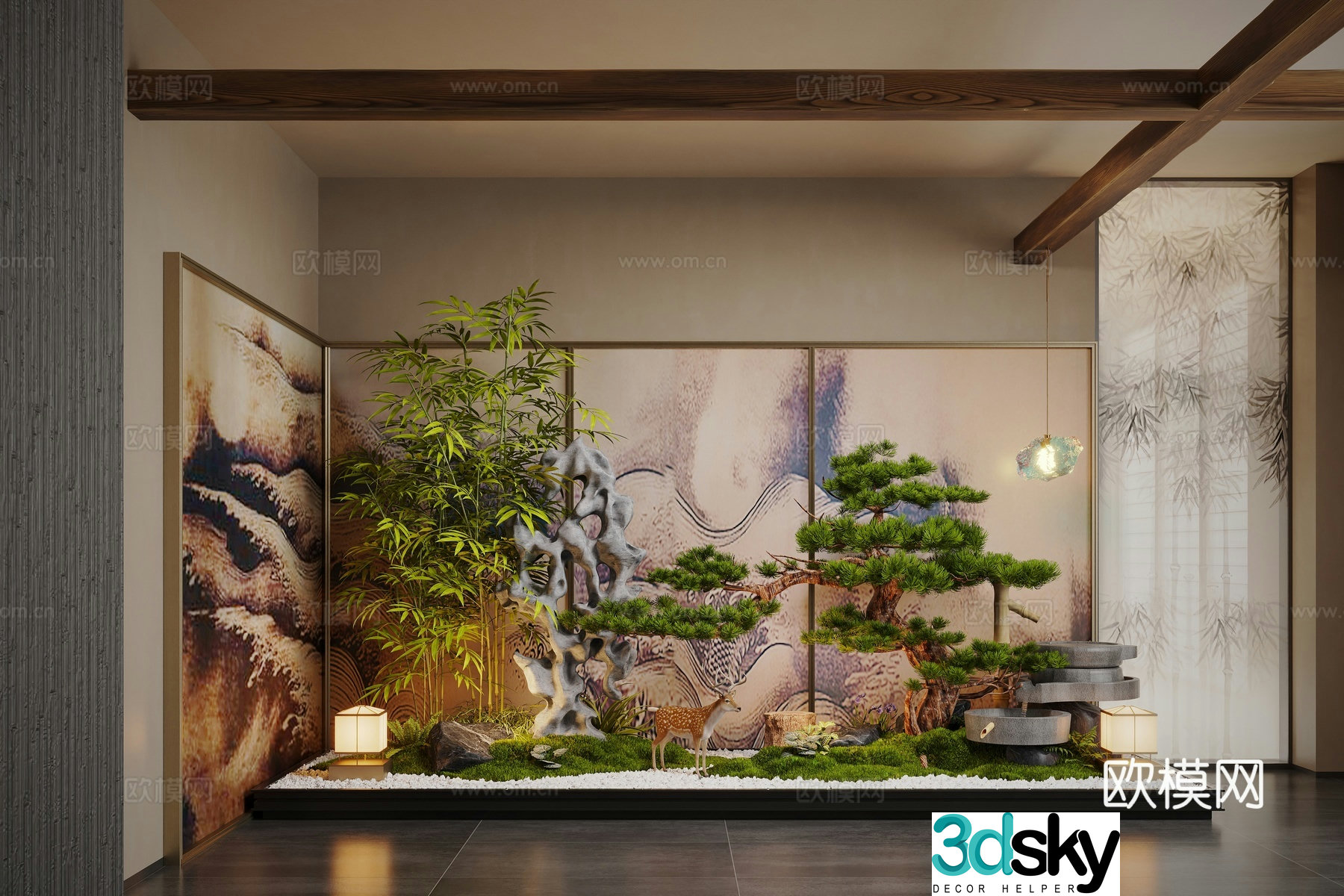 New Chinese style interior landscape plant landscaping pine moss landscape stone 3D model