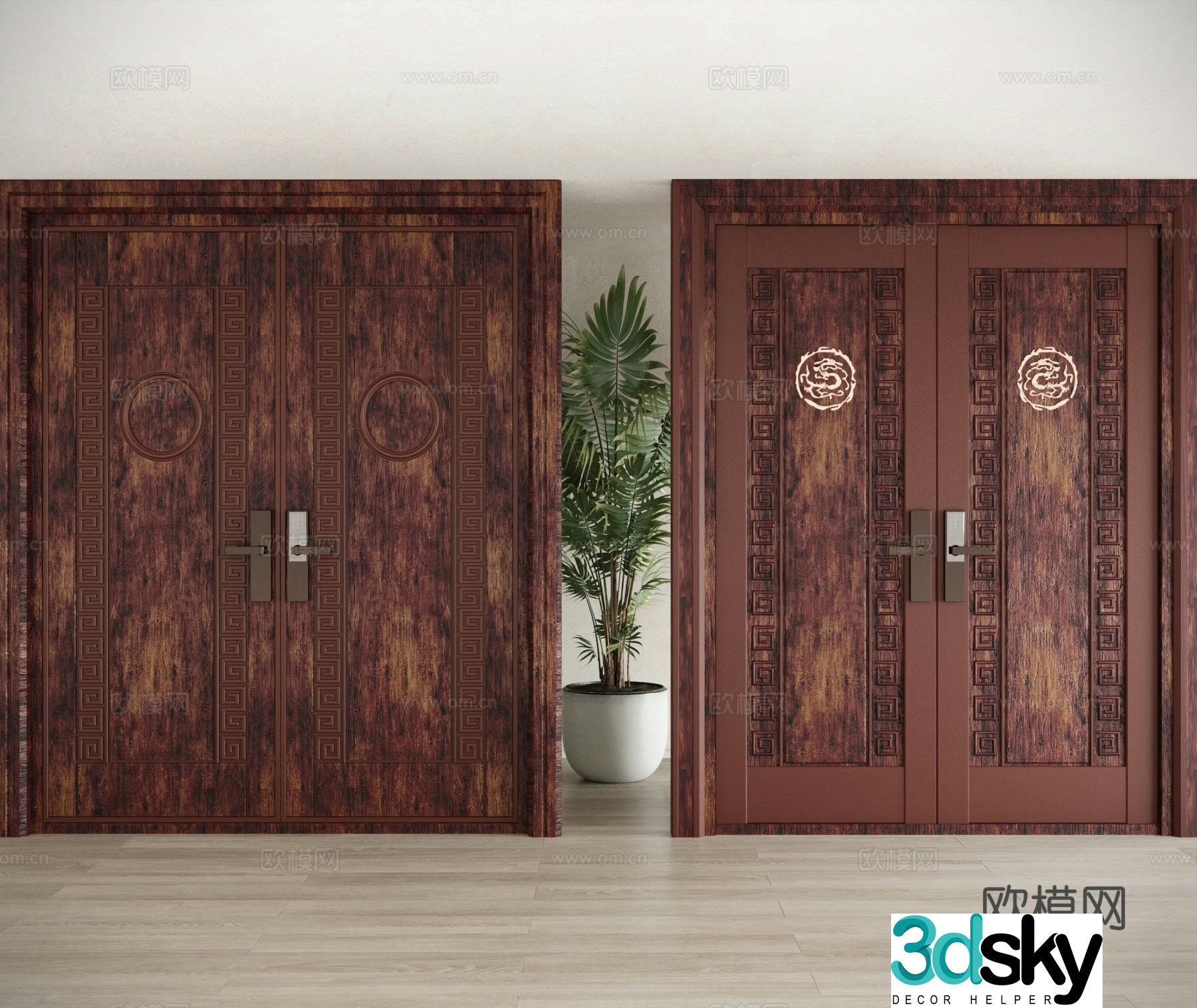 New Chinese style Chinese double-opening door mahogany entrance door villa door 3D model