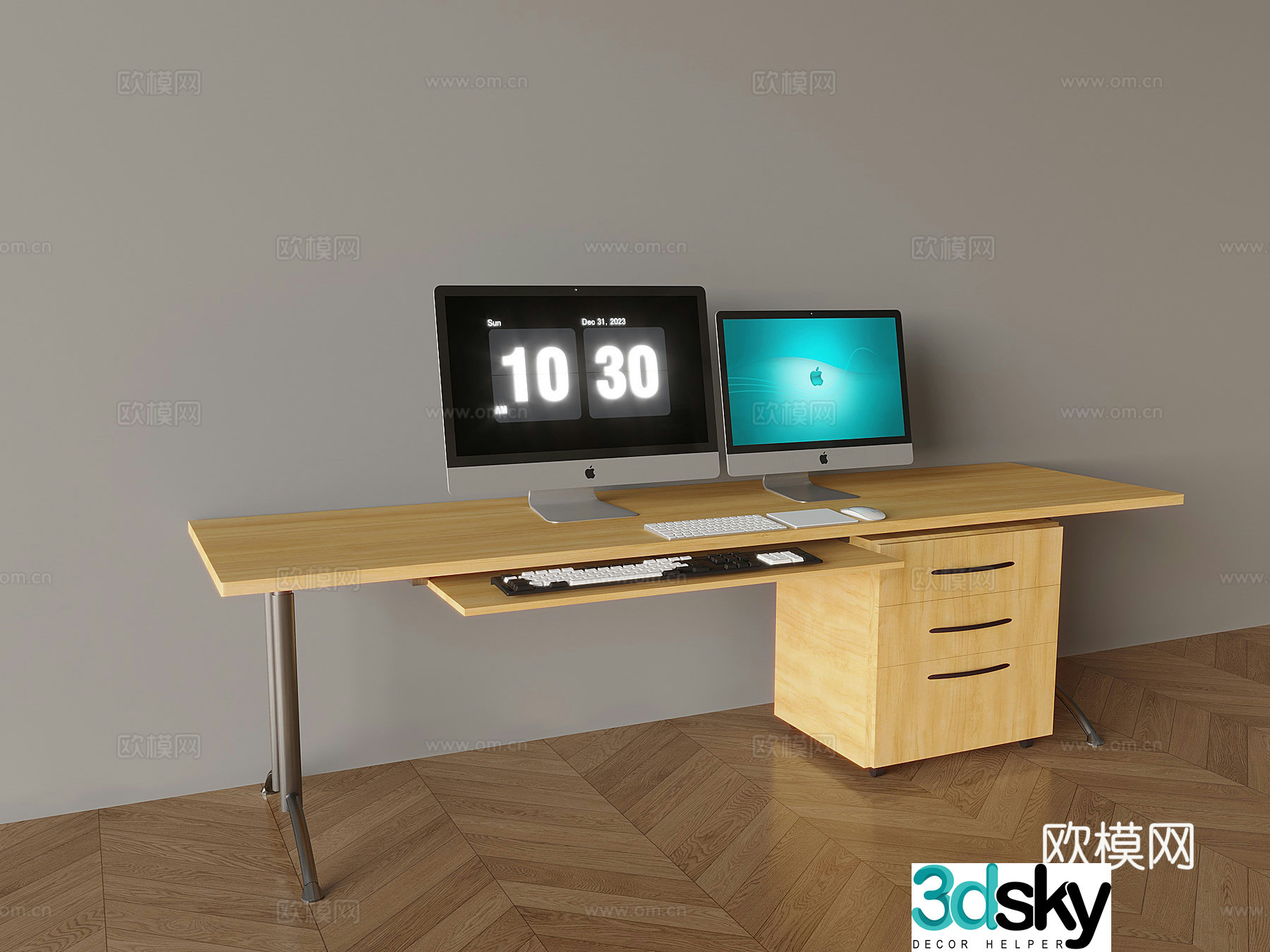 Solid wood office desk chair keyboard Apple desktop computer mouse Desk chair 3D model