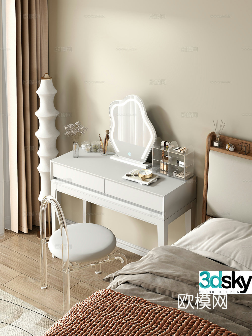 Cream style dressing table makeup stool combination dressing table makeup stool mirror decoration hanging painting 3D model
