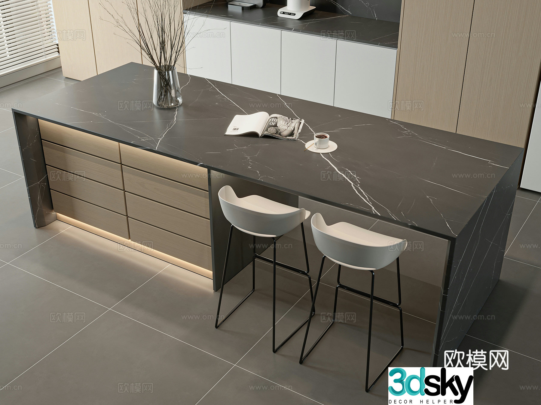 Modern island dining table 3d model