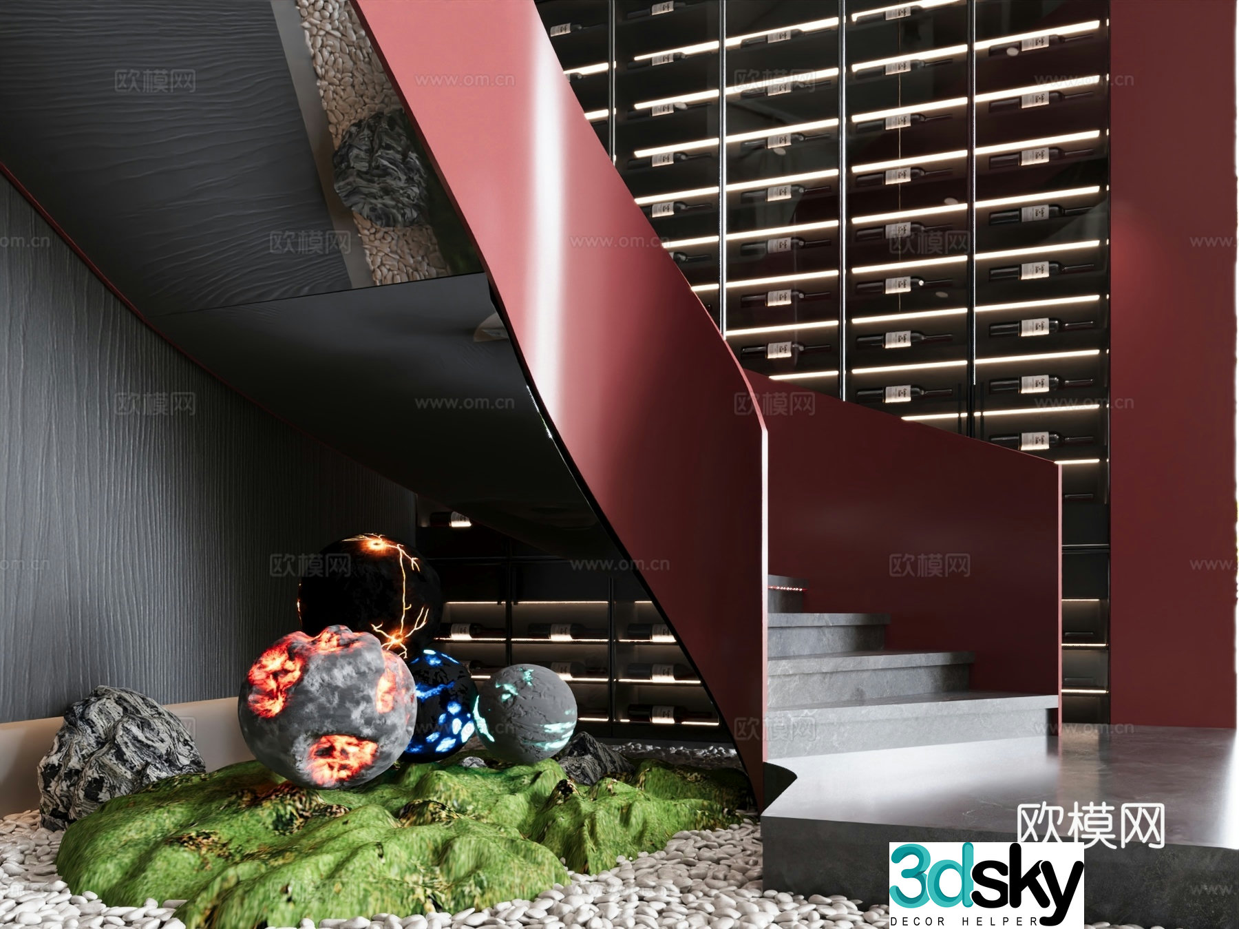 Modern stairwell Industrial style stairwell Wine cabinet Green plant landscaping 3D model